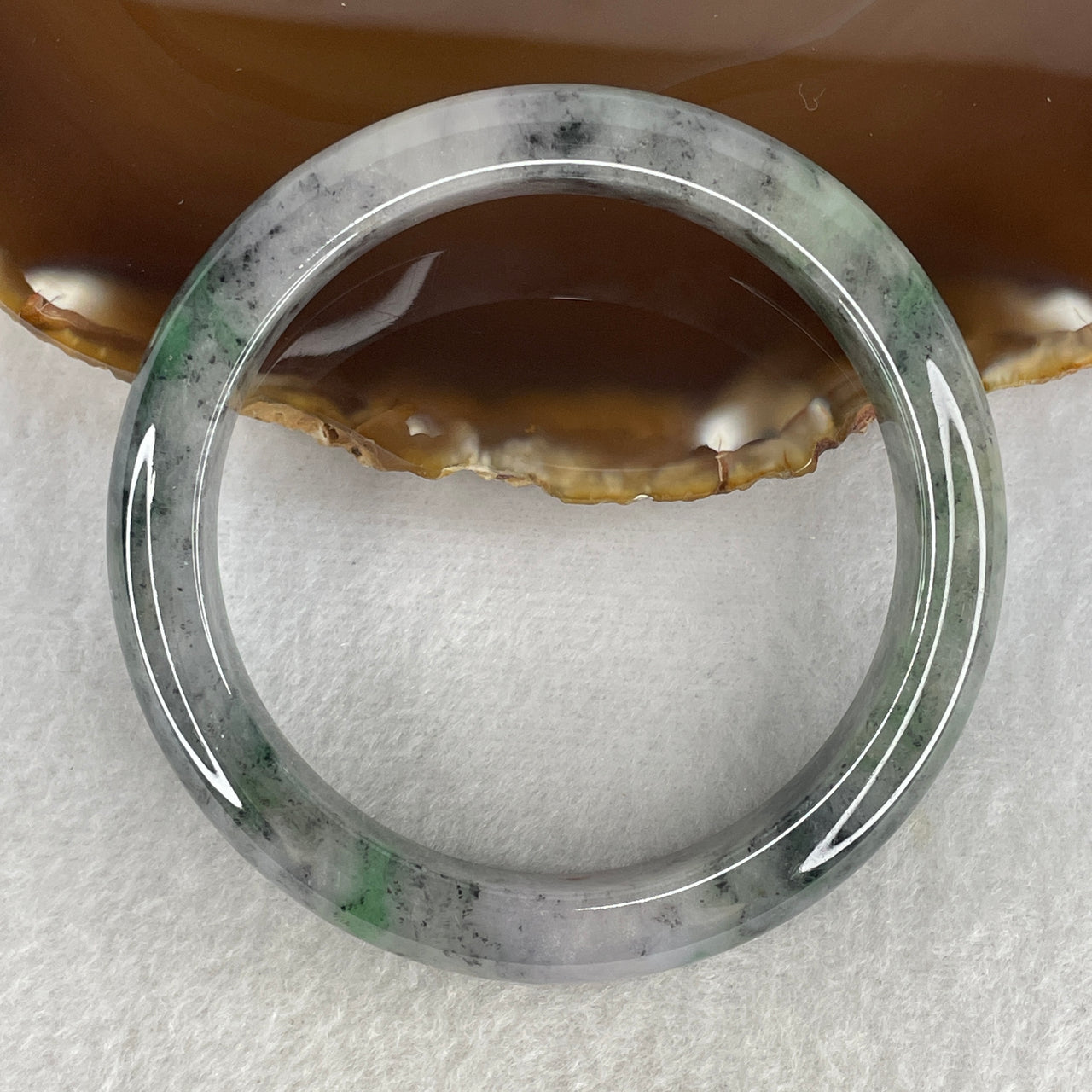 Natural Type A Translucent Multicolor Jadeite Bangle | 58.3mm Ink-Wash "Wuji" Grey & Black with Green & Lavender | Glassy "Four Blessings" Round Wrist Heirloom 58.94g 11.9x8.8mm (Slight Internal Lines)