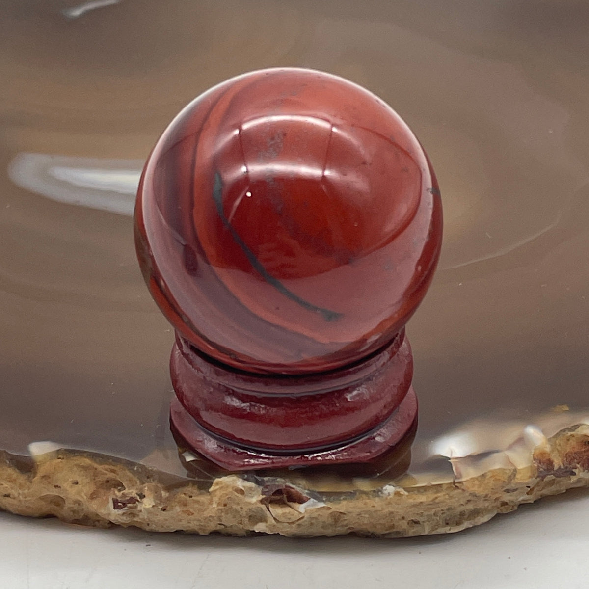 Natural Red Jasper Mini Sphere Ball with Wooden Stand Display | (43.65g | 30.6mm | 37.5mm | Anchor, Supreme Nurturer & Endurance Catalyst, 360° Energy Harmonizer & Feng Shui Stability Catalyst)