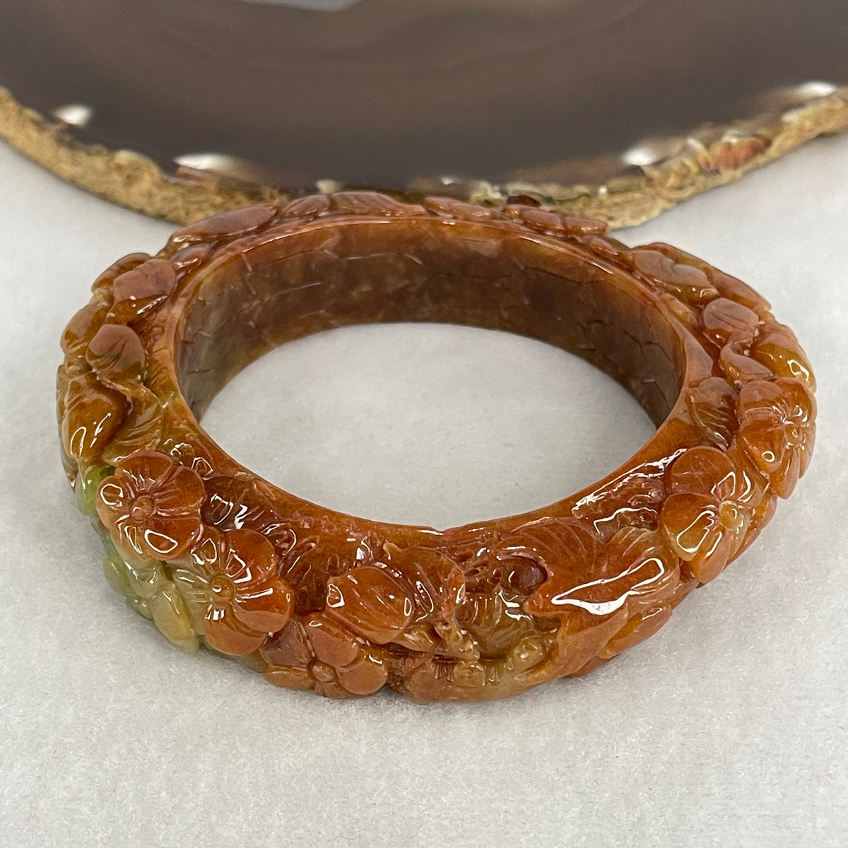 Natural Type A Reddish Jadeite Carved Bangle | 55.2mm Inner Diameter (117.52g | 19.0x15.2mm | Auspicious Bird & Prosperity Flowers Carving | Root & Heart Chakra Abundance Shield)
