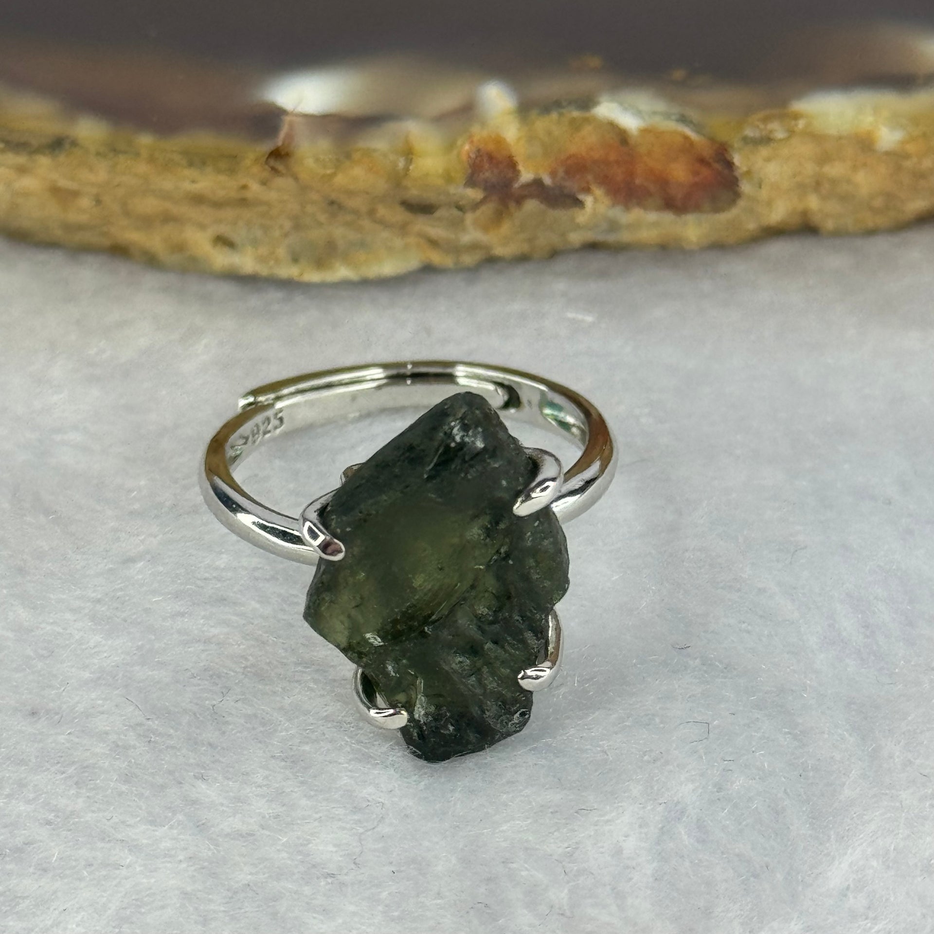 Natural Czech Republic Moldavite Meteorite Crystal in S925 Sliver Ring (Adjustable Size) 天然捷克陨石925银戒指 3.44g 15.9 by 11.4 by 7.8mm - Huangs Jadeite and Jewelry Pte Ltd