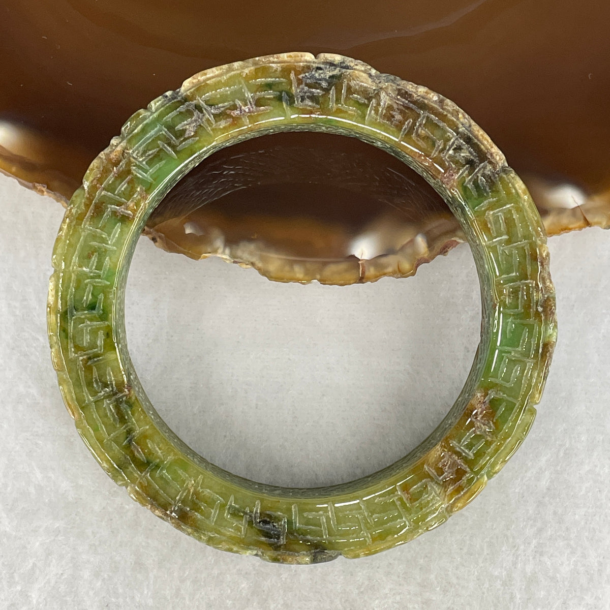 Natural Green with Brown Serpentine Prosperity Flowers & Ruyi Carved Bangle | 53.5mm Inner Diameter (71.90g | 12.2×10.0mm | Heart & Root Chakra Balance, Abundance & Wish-Fulfilling Protection)(External Rough)