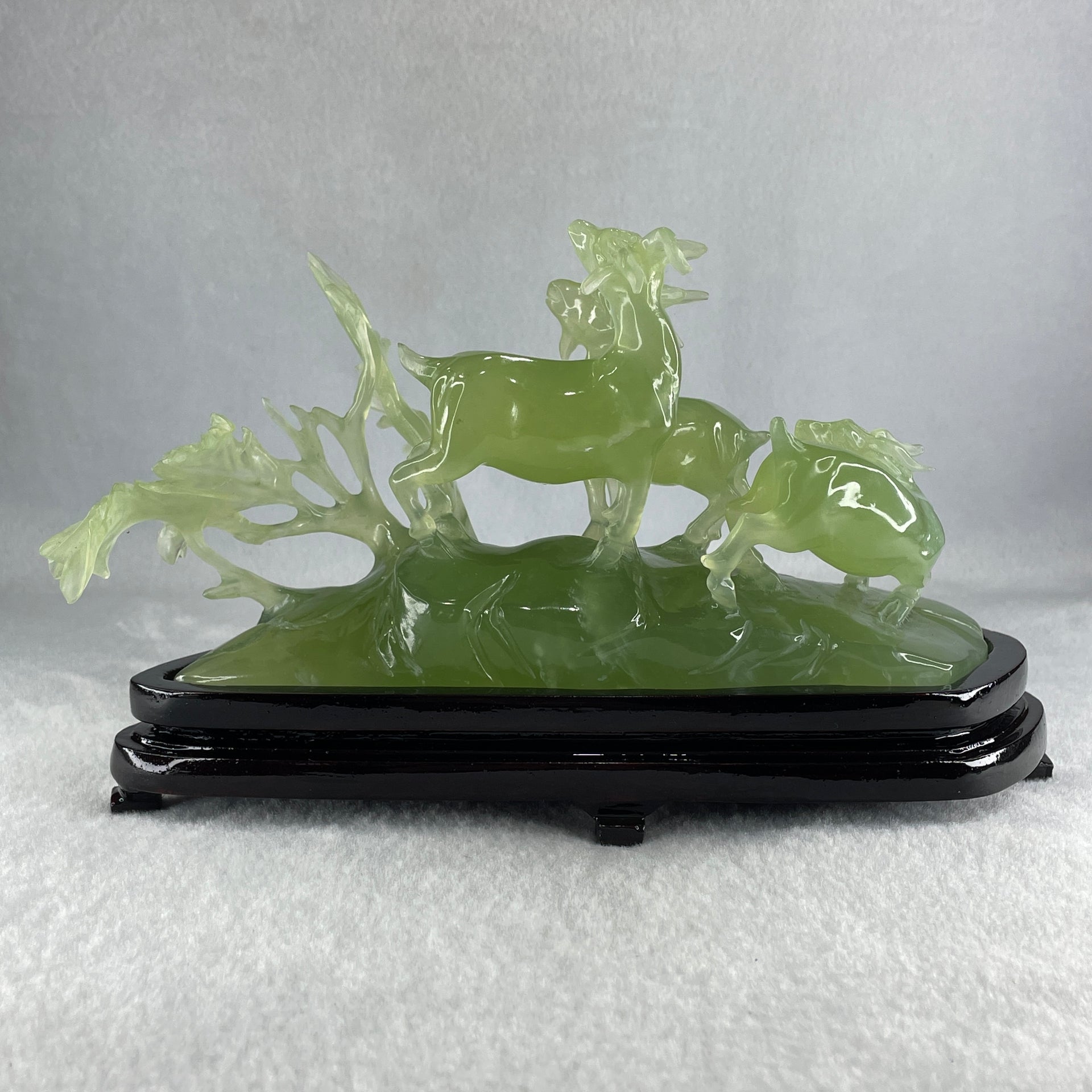 Natural Green Serpentine 3 Goat on Grassland with Wooden Stand Display 913.3g 215.0  by 102.2 by 130.0mm - Huangs Jadeite and Jewelry Pte Ltd