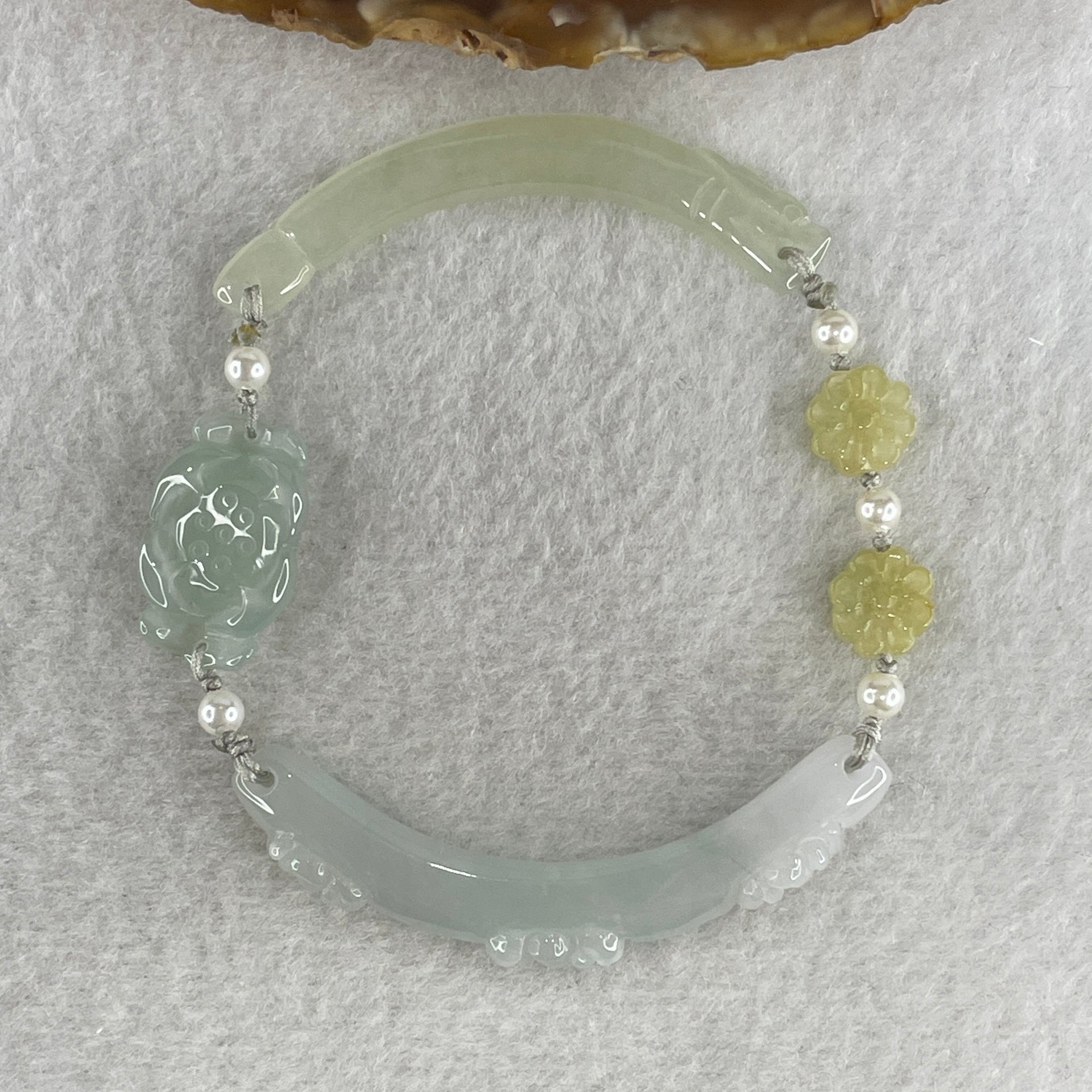 Natural Type A Semi Icy Light Green with Light Lavender Jadeite Flower Bracelet 16.97g 18cm 5.9 by 9.1mm - 22.6 by 14.1 by 5.5mm - Huangs Jadeite and Jewelry Pte Ltd