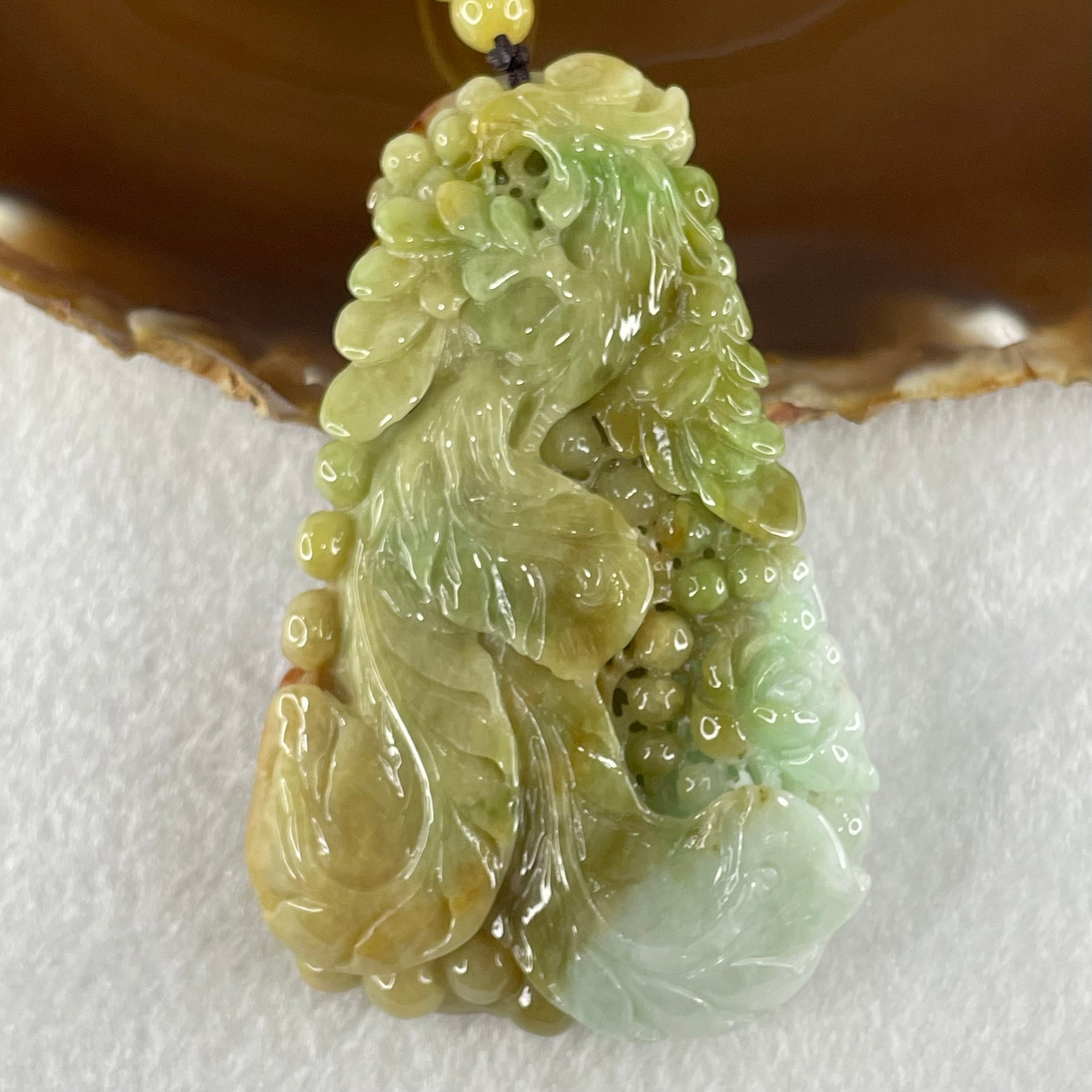 Grandmaster Type A Brownish Green and Faint Lavender Green Jadeite Double Sided Phoenix and Flower Pendant 凤戏牡丹 93.05g 79 by 50.6 by 13mm - Huangs Jadeite and Jewelry Pte Ltd
