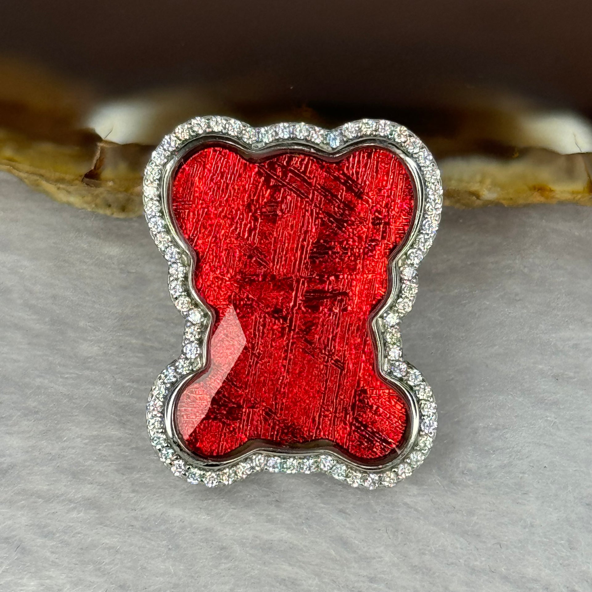Natural Meteorite Bear Charm in S925 Silver with Crystals For Necklace / Bracelet (Red Color) 7.54g 26.3 by 21.3 by 8.5mm - Huangs Jadeite and Jewelry Pte Ltd