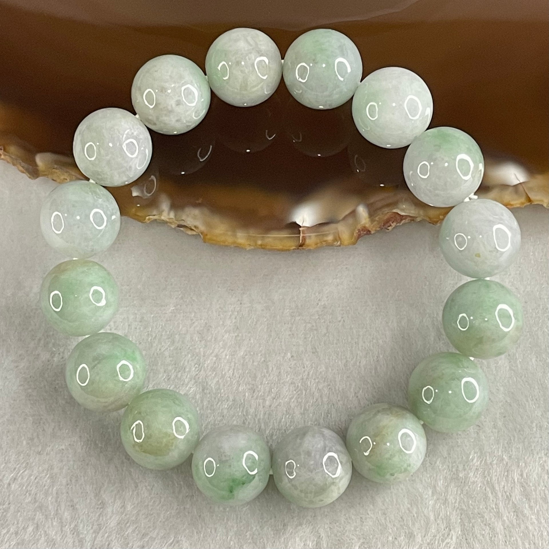Type A Light Green with Light Lavender with Blueish Green Piao Huan Jadeite Beads Bracelet 47.41g 15cm 12.1mm 16 Beads - Huangs Jadeite and Jewelry Pte Ltd