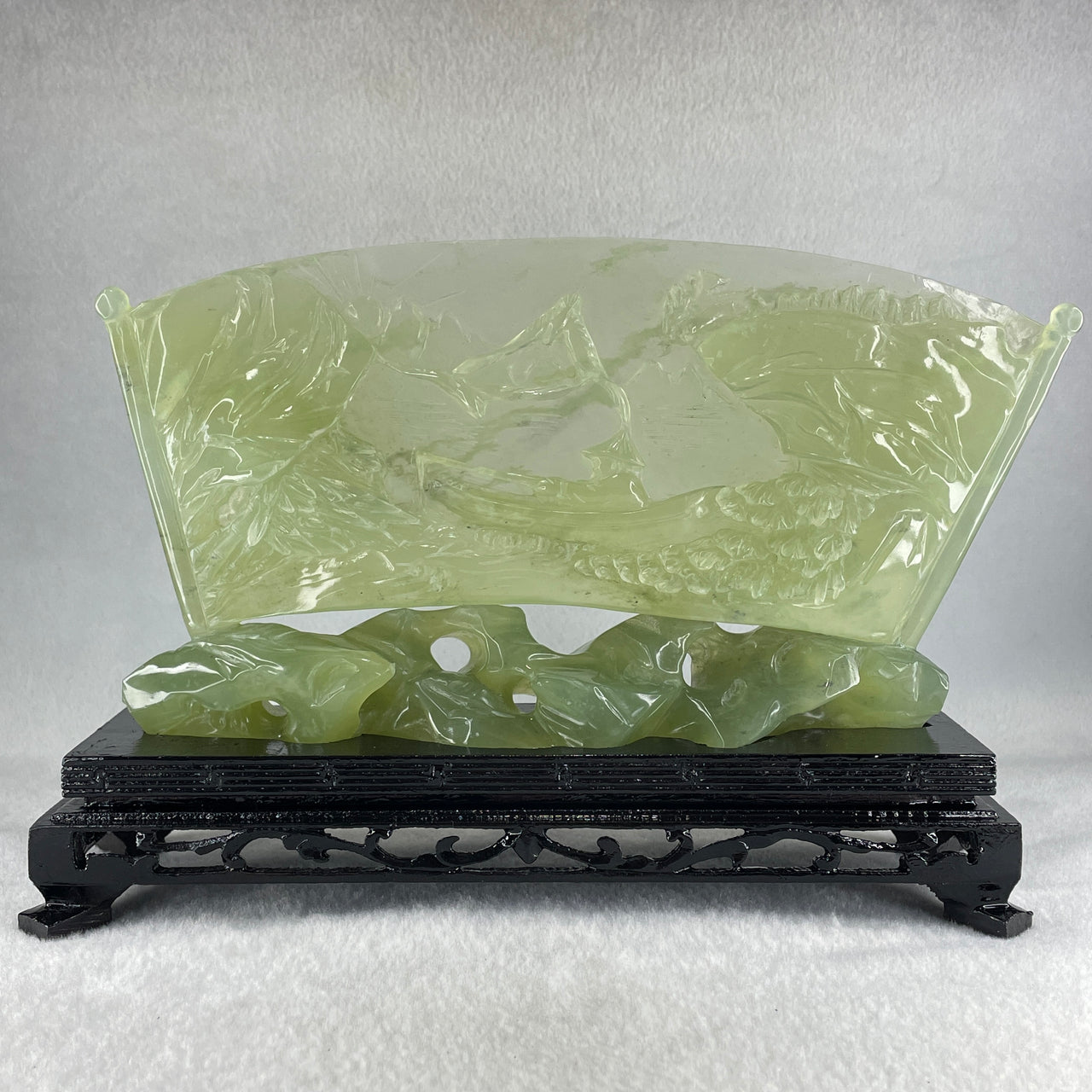 Natural Icy Light Green Serpentine Shan Shui with Gui ren Benefactor on Boat with Twin Birds with Wooden Stand Display 695.1g 242.0 by 164.0 by 83.0mm - Huangs Jadeite and Jewelry Pte Ltd