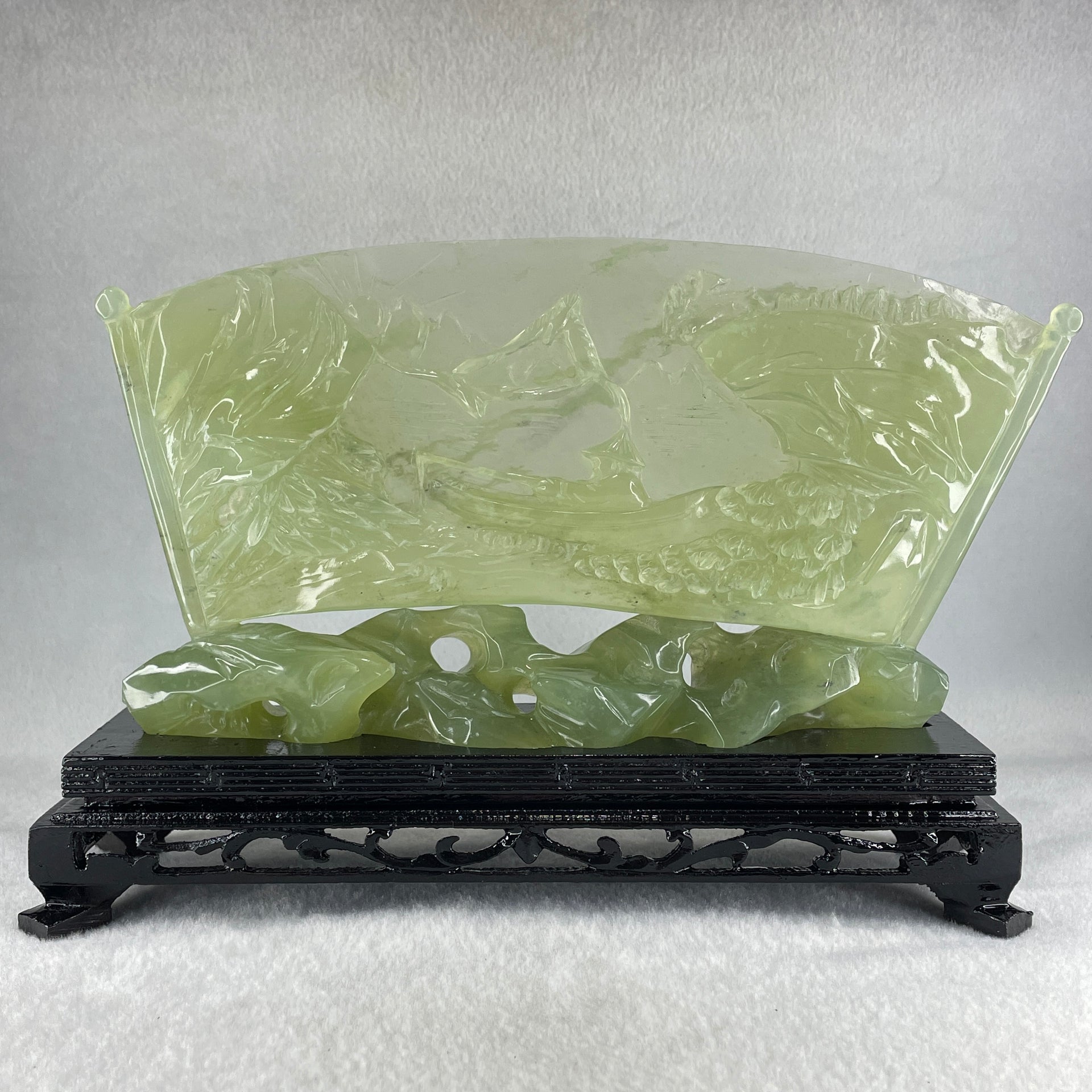 Natural Icy Light Green Serpentine Shan Shui with Gui ren Benefactor on Boat with Twin Birds with Wooden Stand Display 695.1g 242.0 by 164.0 by 83.0mm - Huangs Jadeite and Jewelry Pte Ltd