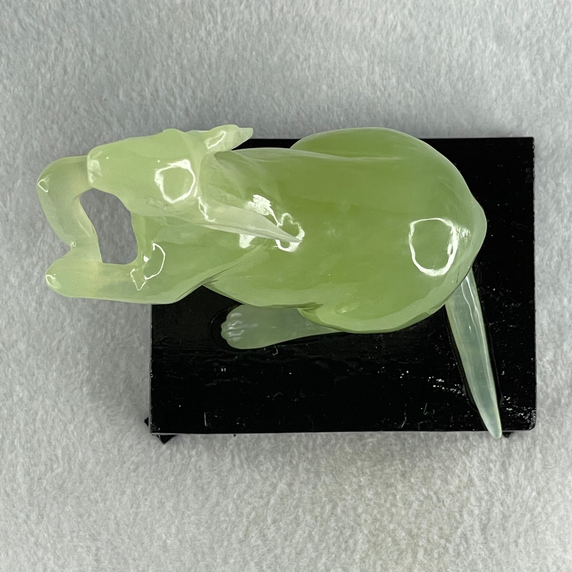 Natural Green Serpentine Kangaroo and Baby with Wooden Stand Display 374.2g 108.0 by 150.0 by 72.0mm - Huangs Jadeite and Jewelry Pte Ltd