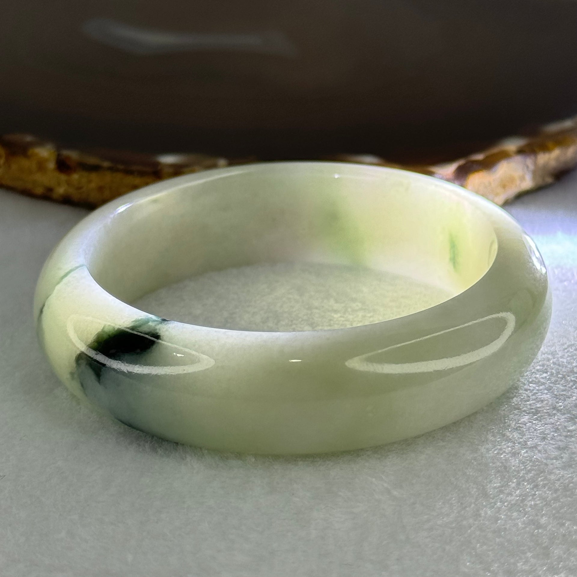 Type A Light Green with Moss Green Patches Jadeite Bangle Internal Diameter 56.5mm 75.29g 16.4 by 8.4mm (Slight Internal Line) - Huangs Jadeite and Jewelry Pte Ltd