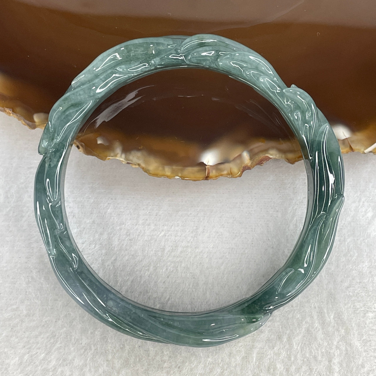 Natural Type A Blueish-Green Jadeite Carved Bangle | 57.8mm Deep Water "Vines of Abundance" | Internal Lines "Fei Cui" Round Wrist Heirloom (35.86g 10.5x8.4mm)