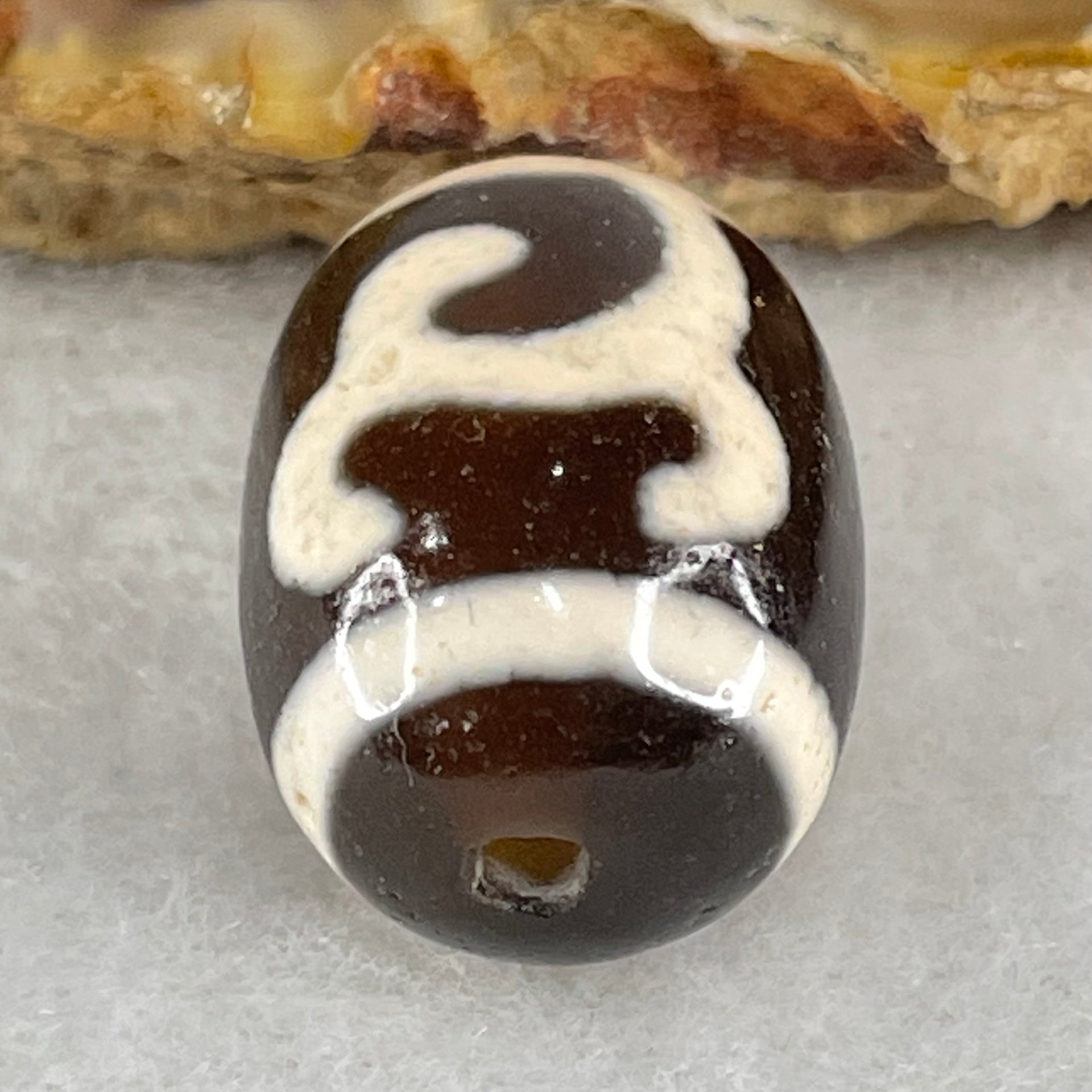 Natural Powerful Tibetan Old Oily Black White Agate Green Tara Dzi Bead Heavenly Master (Tian Zhu) 绿度母天珠 4.79g 17.6 by 13.2mm - Huangs Jadeite and Jewelry Pte Ltd