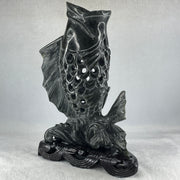 Natural Dark Green Serpentine Carp Fish with Wooden Stand Display 1,119.0g 175.0 by 100.0 by 240.0mm - Huangs Jadeite and Jewelry Pte Ltd