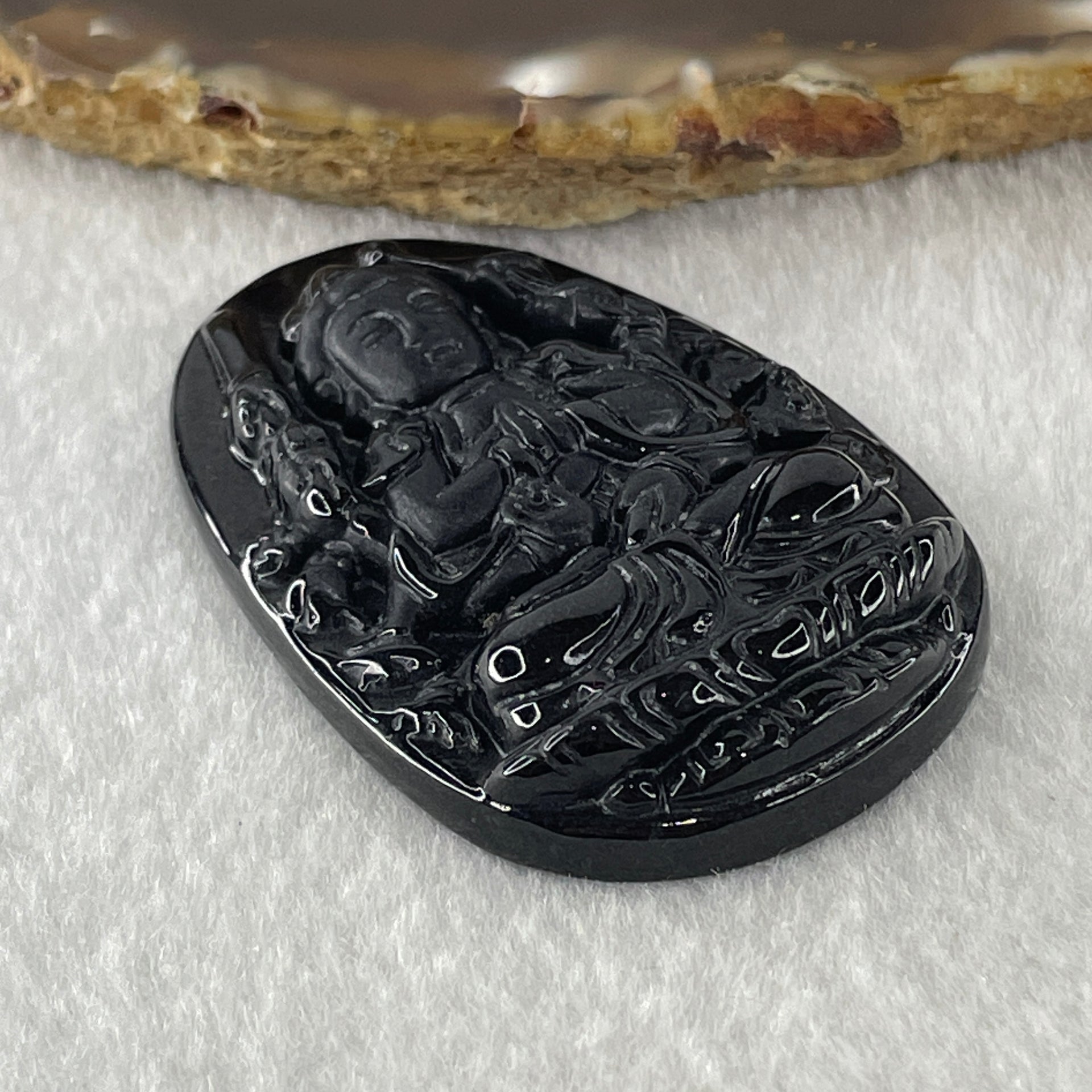 Type A Opaque to Partial Translucent Black Omphacite Jadeite Thousand Hand Guan Yin Pendant Rat Zodiac Guardian 19.78g 53.3 by 34.3 by 8.6mm - Huangs Jadeite and Jewelry Pte Ltd