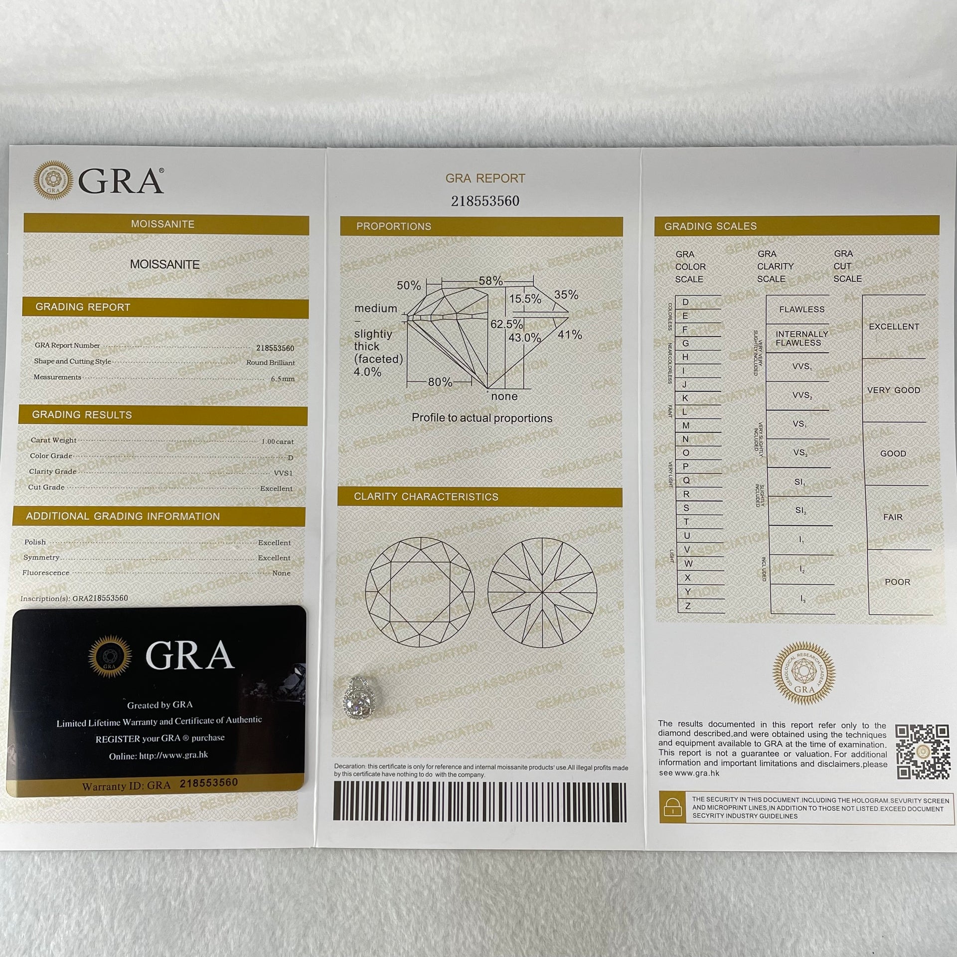 1.0 Ct Colourless Round Brilliant Diameter 6.5mm VVS1 Excellent Cut Moissanite Excellent Polish Excellent Symmetry None Florescence in S925 Silver Pendant GRA 218553560 - Huangs Jadeite and Jewelry Pte Ltd