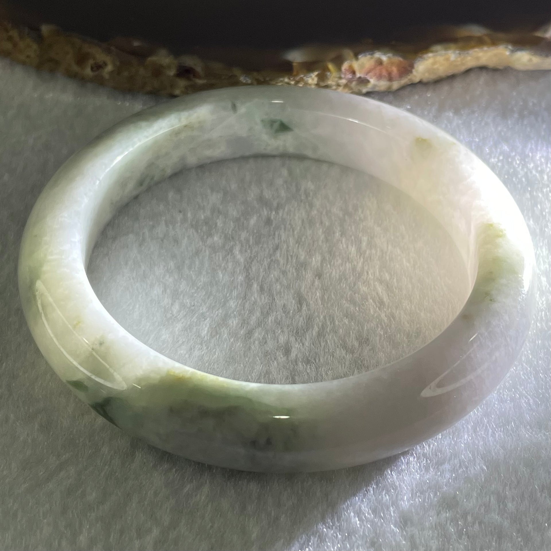 Type A Lavender with Green Piao Hua Jadeite Bangle 57.93g Internal Diameter 56.4mm 11.8 by 9.0mm (Slight External Roughs and Significant Internal Lines) - Huangs Jadeite and Jewelry Pte Ltd