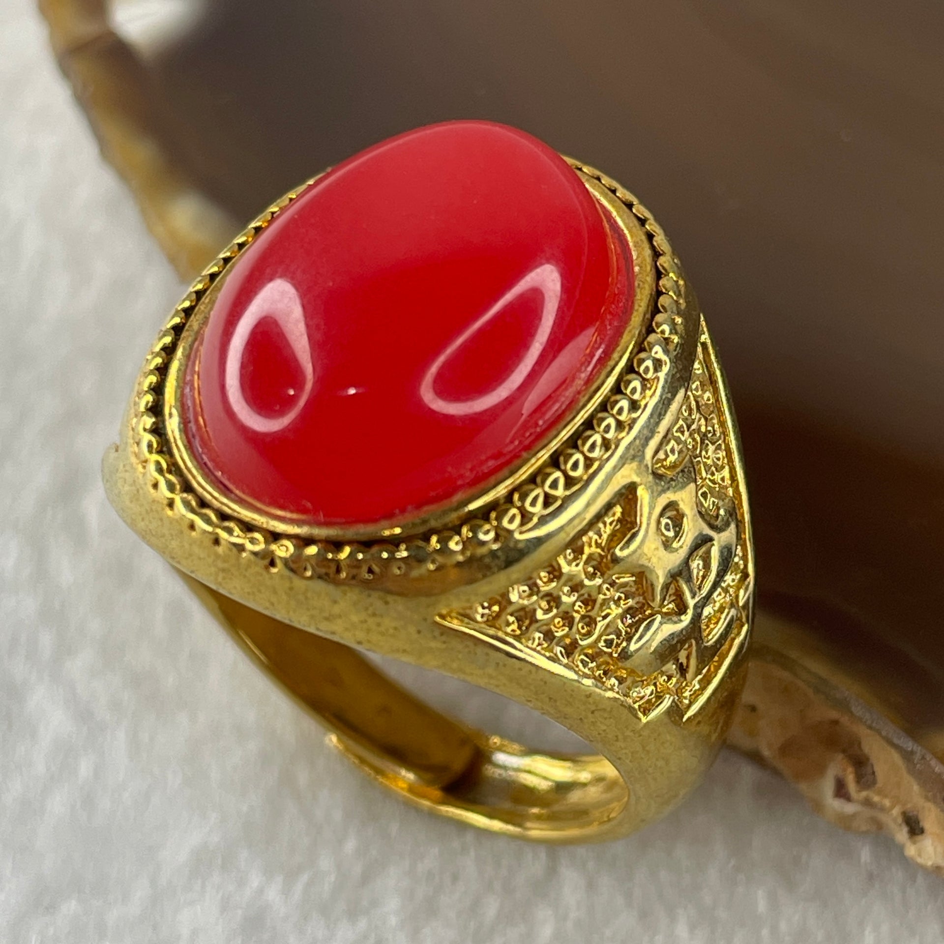 Natural Red Agate in 9999 Gold Plated Ring (Adjustable Size) 12.43g 17.6 by 13.2 by 5.5mm - Huangs Jadeite and Jewelry Pte Ltd