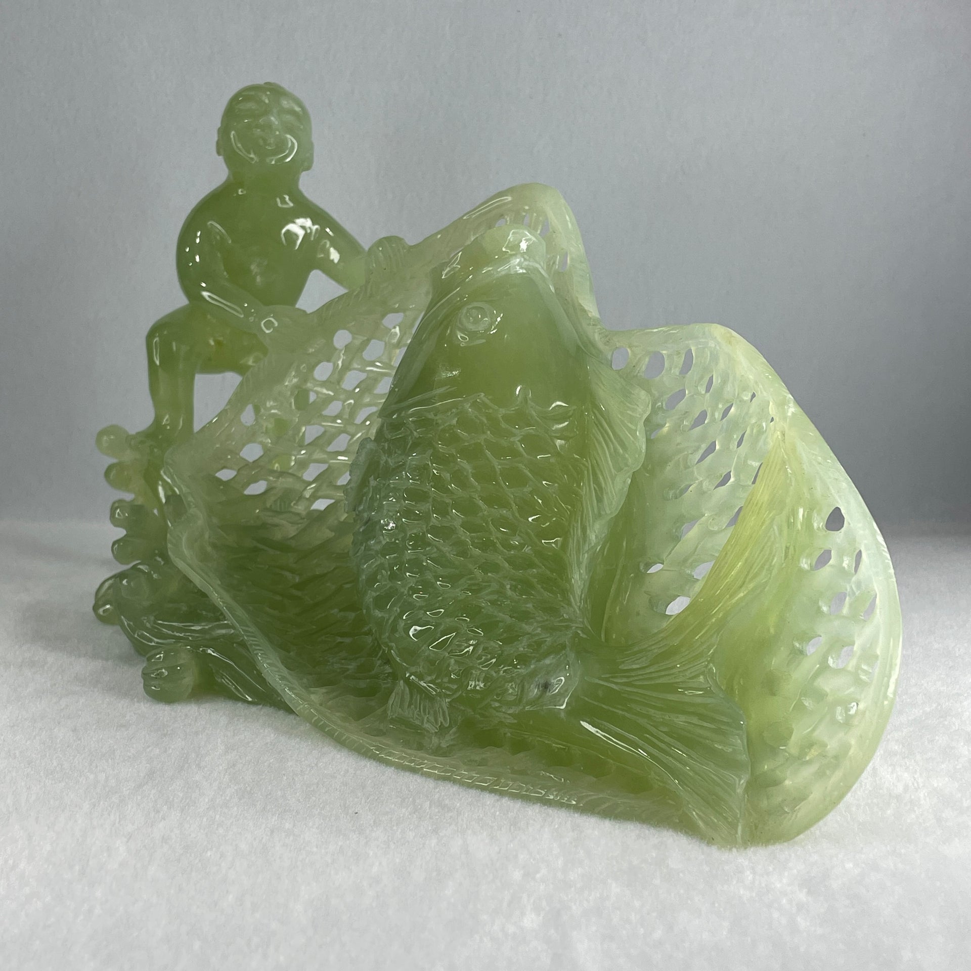 Natural Jelly Green Serpentine Tong Zhi Fishing Carp Fish Display 1,777.5g 285.0 by 150.0 by 160.0mm - Huangs Jadeite and Jewelry Pte Ltd