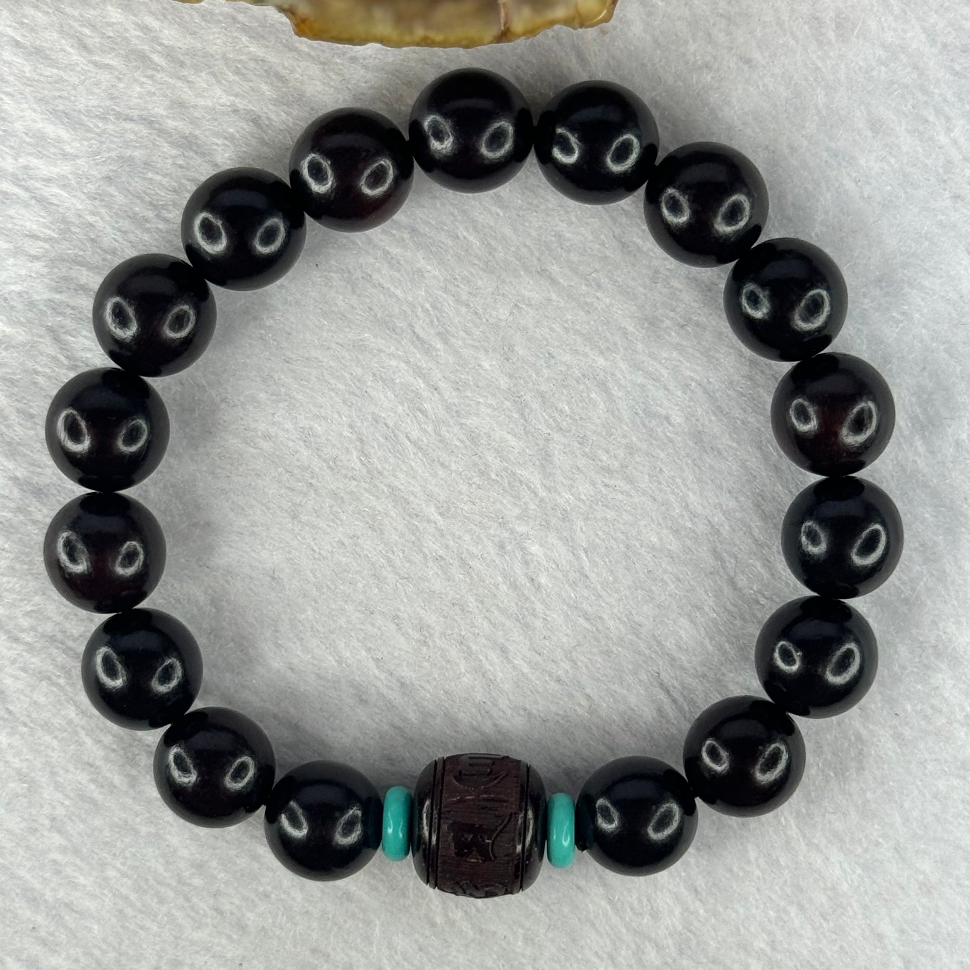 Natural India Zitan 天然小叶字檀木 Om Ma ni Padme Hum 六字真言 Beads Bracelet with Turquoise (Sinking Type) 11.30g 15.5cm 10.0mm 17 Beads, 12.0 by 11.3mm 1 Bead - Huangs Jadeite and Jewelry Pte Ltd