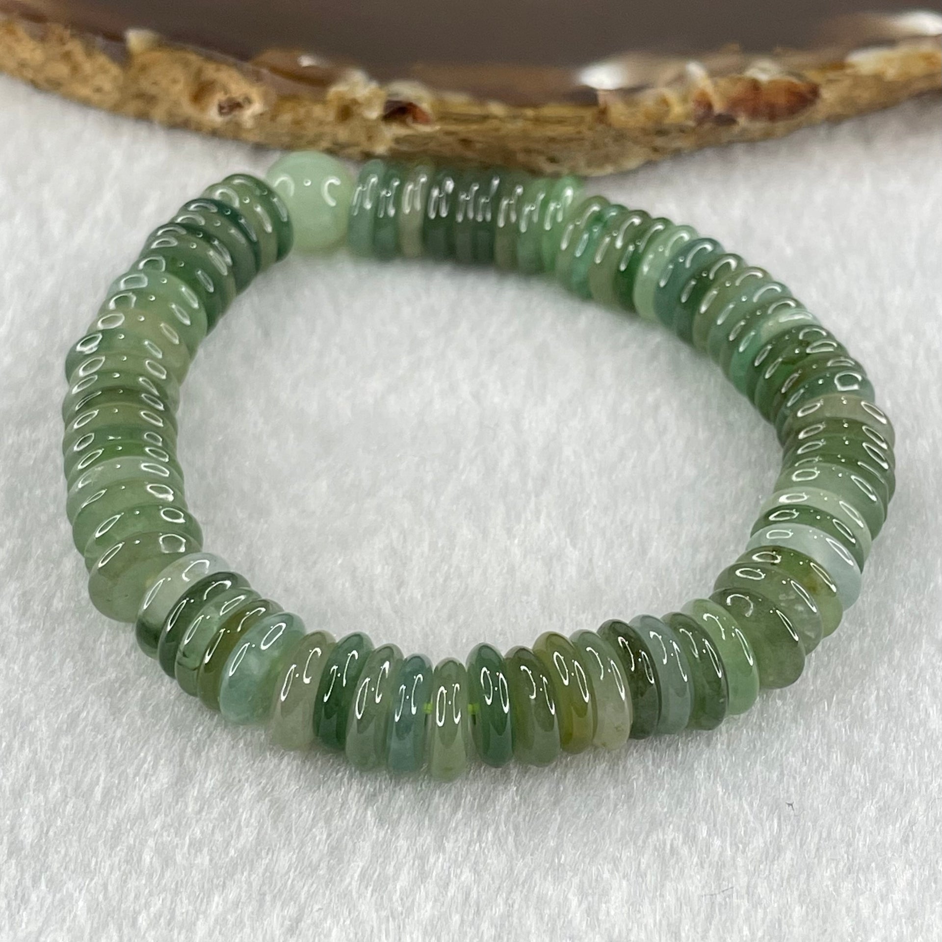 Type A Muti Blueish Green Shades with Yellowish Brown Jadeite Ping An Kou Donut with Jadeite Bead Bracelet 30.03g 15cm 9.0mm 74pcs 8.8mm 1 Beads - Huangs Jadeite and Jewelry Pte Ltd
