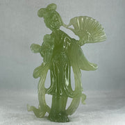 Natural Green Serpentine Fairy with Fan and Flower with Wooden Stand Display 476.2g 130.0 by 70.0 by 225.0mm - Huangs Jadeite and Jewelry Pte Ltd