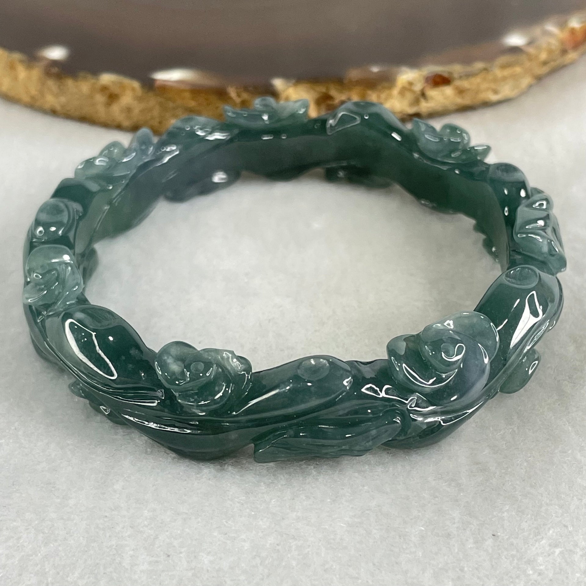Type A Blueish Green Jadeite with Flowers Bangle 45.62g Inner Diameter 57.2mm 13.8 by 8.0mm - Huangs Jadeite and Jewelry Pte Ltd