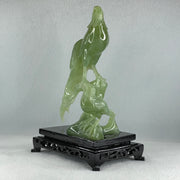 Natural Green Serpentine Phoenix with Bird with Wooden Stand Display 678.9g L155.0 by B105.0 by H226.0 mm - Huangs Jadeite and Jewelry Pte Ltd