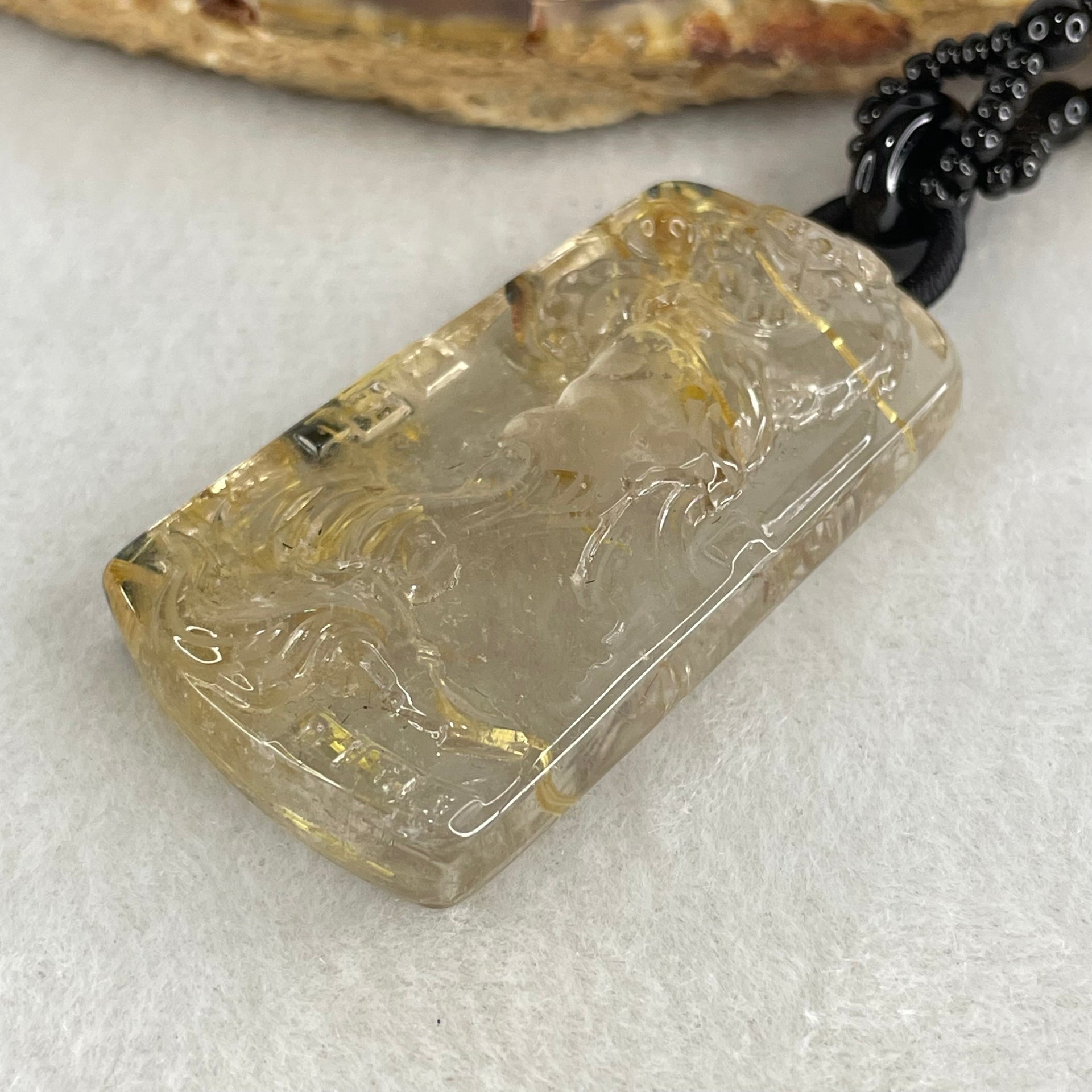 Good Grade Natural Golden Rutilated Quartz Guan Gong and Dragon Pendant with Onyx and Golden Rutilated Quartz Beads Necklace 18.61g 64cm 43.6 by 24.7 by 9.6mm - Huangs Jadeite and Jewelry Pte Ltd