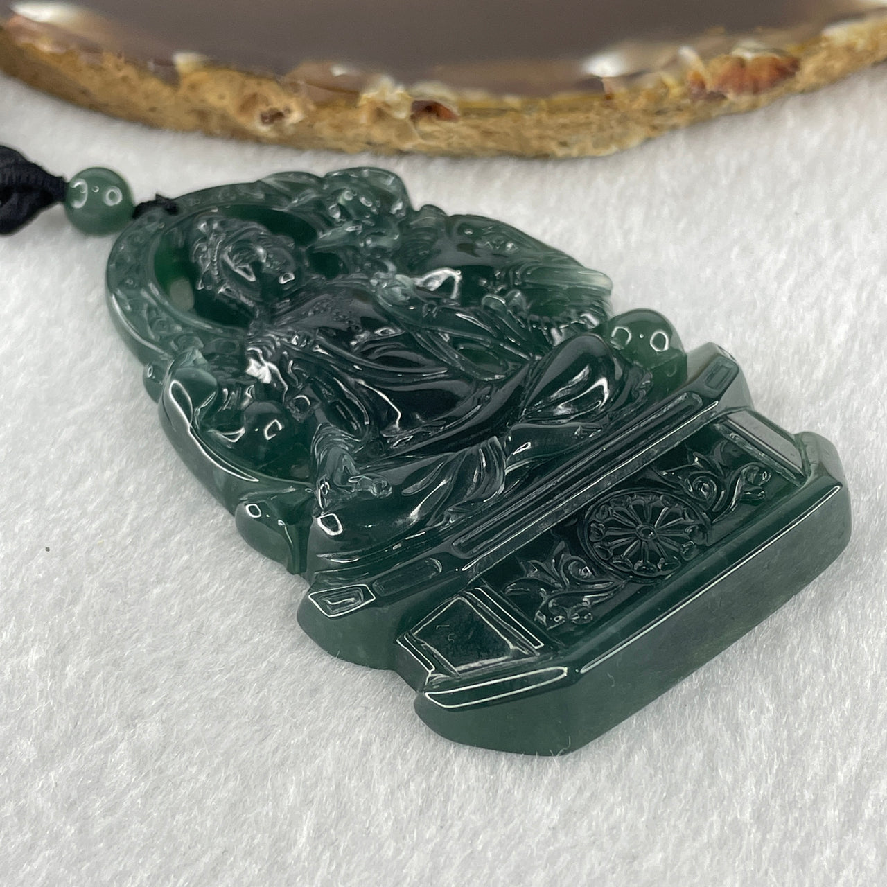 Natural Type A Icy Dark Blueish Green Jadeite Samantabhadra Bodhisattva Guan Yin on Elephant and Flower Pendant 55.42g 74.1 by 47.3 by 8.5mm
