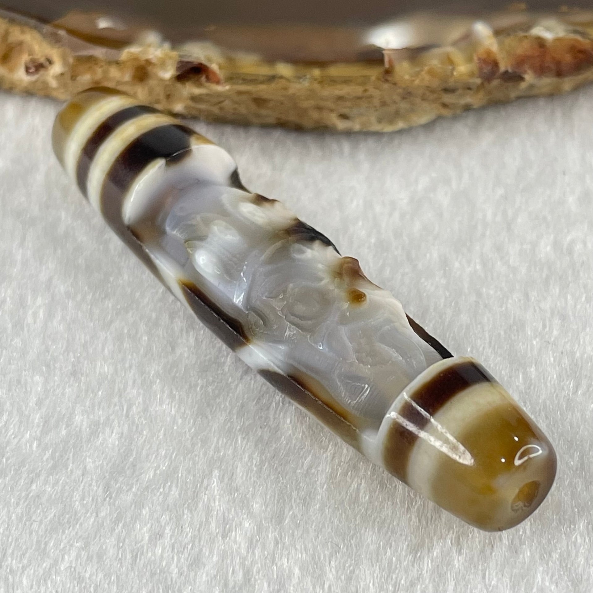 Natural Powerful Tibetan Old Oily Agate 6 Eyes with Zha Ji La Mu Female Cai Shen Carvings Dzi Bead Heavenly Master (Tian Zhu) 三眼扎基拉姆女财神天珠 13.25g 57.8 by 12.7mm - Huangs Jadeite and Jewelry Pte Ltd