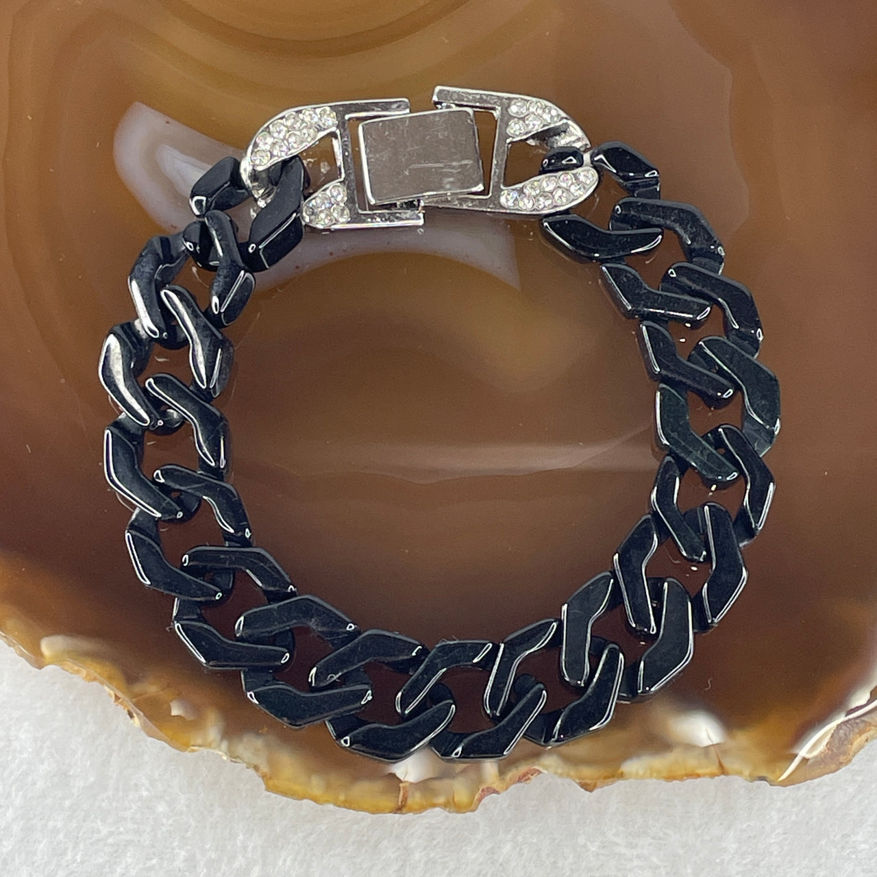 Certified Natural Type A Black Omphacite Jadeite Cuban Tennis Bracelet with Sliver Color and Cubic Zirconia Clap 28.09g Up to 19cm 14.0 by 5.0mm 17 Pcs