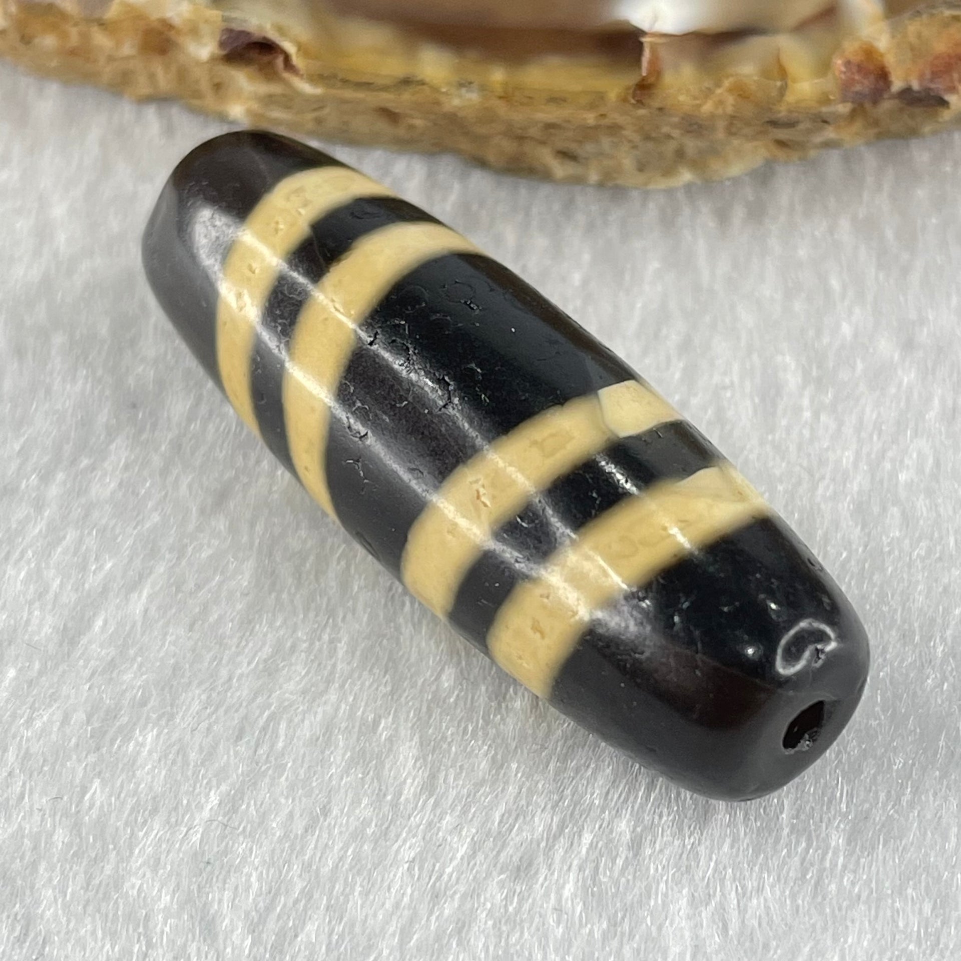 Natural Powerful Tibetan Old Oily Black with Yellowish White Agate 4 Lines Bead Heavenly Master (Tian Zhu) 10.29g 39.2 by 13.0mm - Huangs Jadeite and Jewelry Pte Ltd