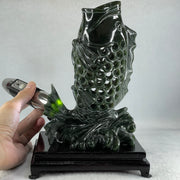 Natural Dark Green Serpentine Carp Fish with Wooden Stand Display 1,215.0g 160.0 by 120.0 by 230.0mm - Huangs Jadeite and Jewelry Pte Ltd