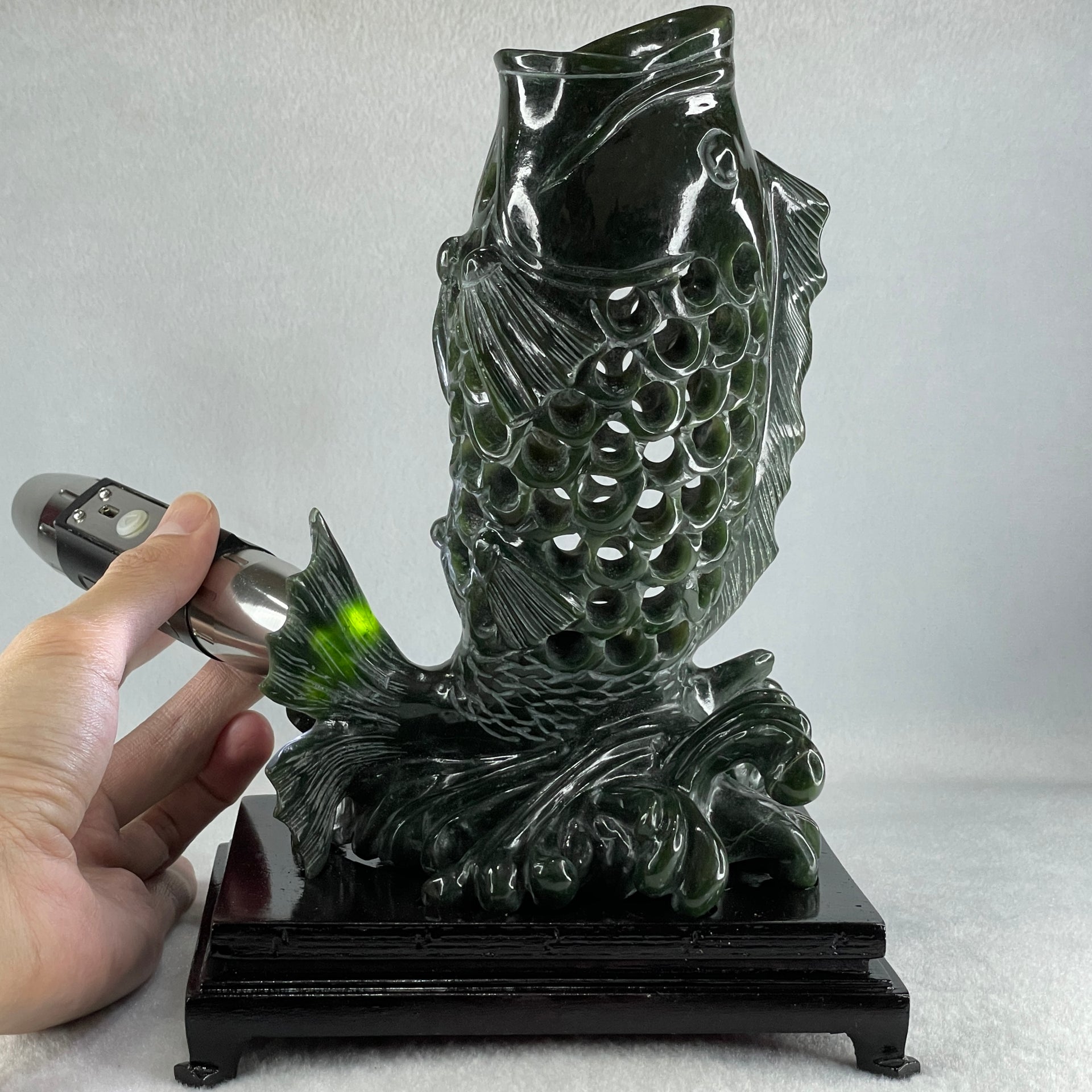 Natural Dark Green Serpentine Carp Fish with Wooden Stand Display 1,215.0g 160.0 by 120.0 by 230.0mm - Huangs Jadeite and Jewelry Pte Ltd
