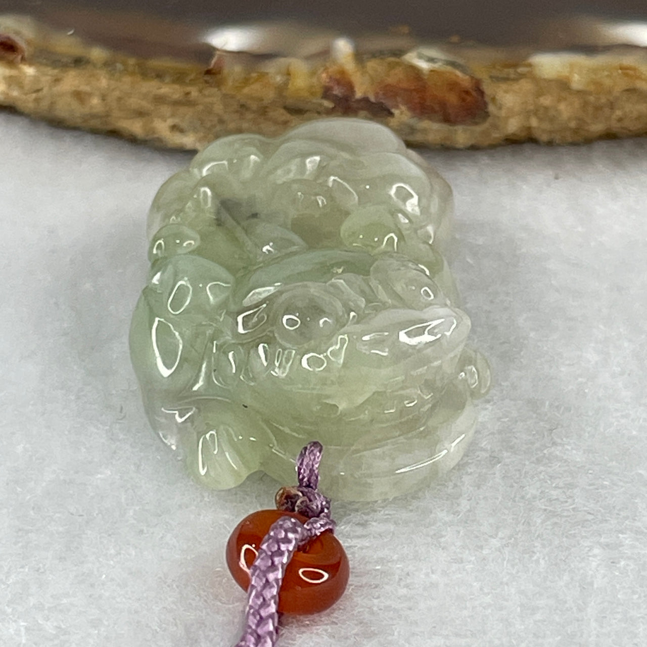Certified Natural Type A Jelly Green with Light Lavender Jadeite Pixiu Pendant 26.09g 40.0 by 25.0 by 13.0mm