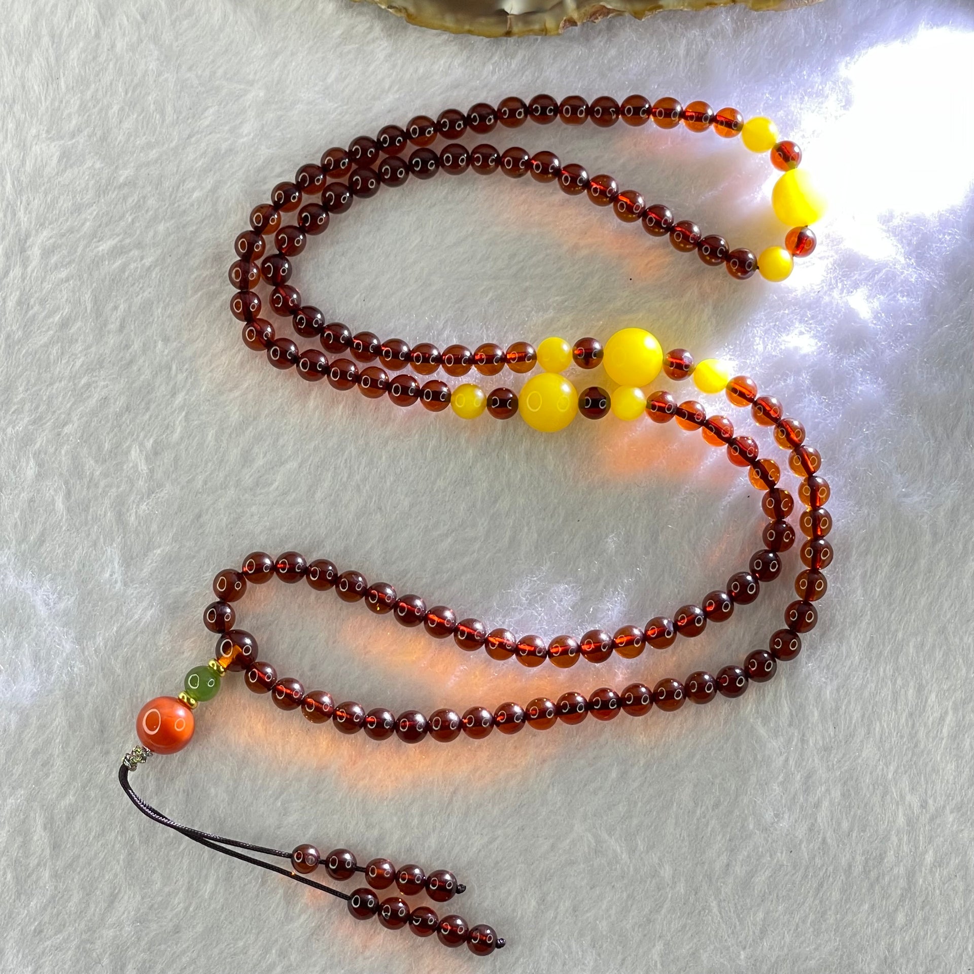 Natural Blood Red with Yellow Amber Beads Necklace 天然血珀项链 12.27g 60cm 9.4mm 3 Beads 5.7mm 6 Beads 5.1mm 104 Beads - Huangs Jadeite and Jewelry Pte Ltd