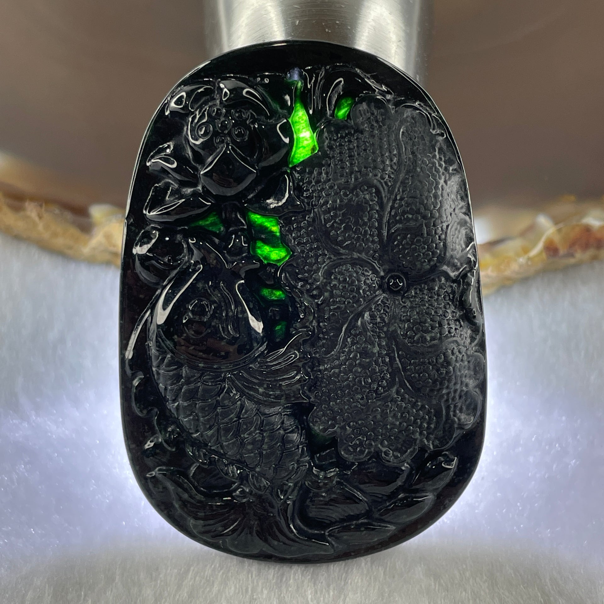 Type A Opaque to Partial Translucent Black Omphacite Jadeite Fish with Lotus Flower and Leaf Pendant 24.60g 51.1 by 35.9 by 8.8mm - Huangs Jadeite and Jewelry Pte Ltd