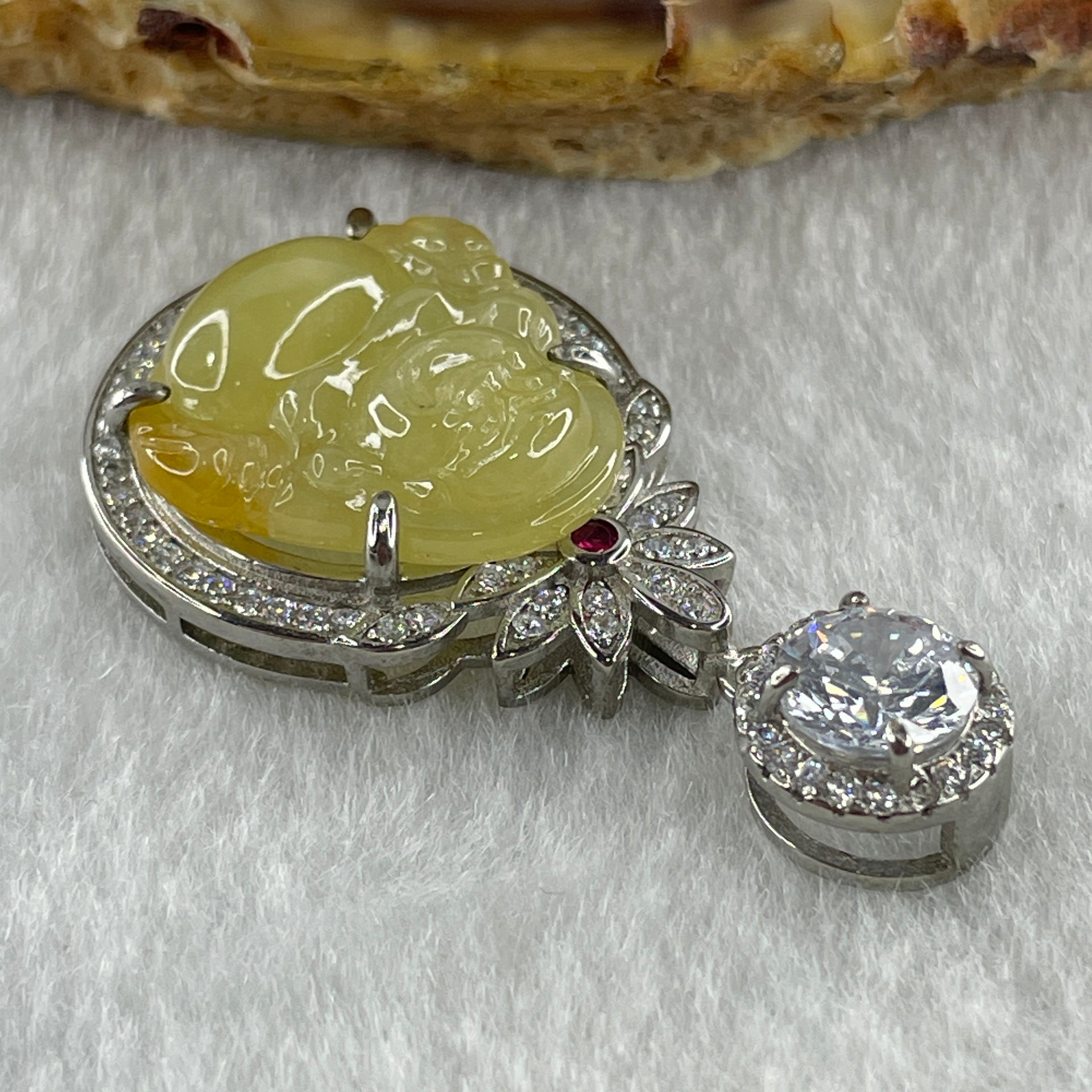 Type A Natural Semi Icy Yellow Jadeite Milo Buddha S925  Silver with Cubic Zirconia Pendant 5.28g 17.1 by 16.5 by 5.0mm - Huangs Jadeite and Jewelry Pte Ltd