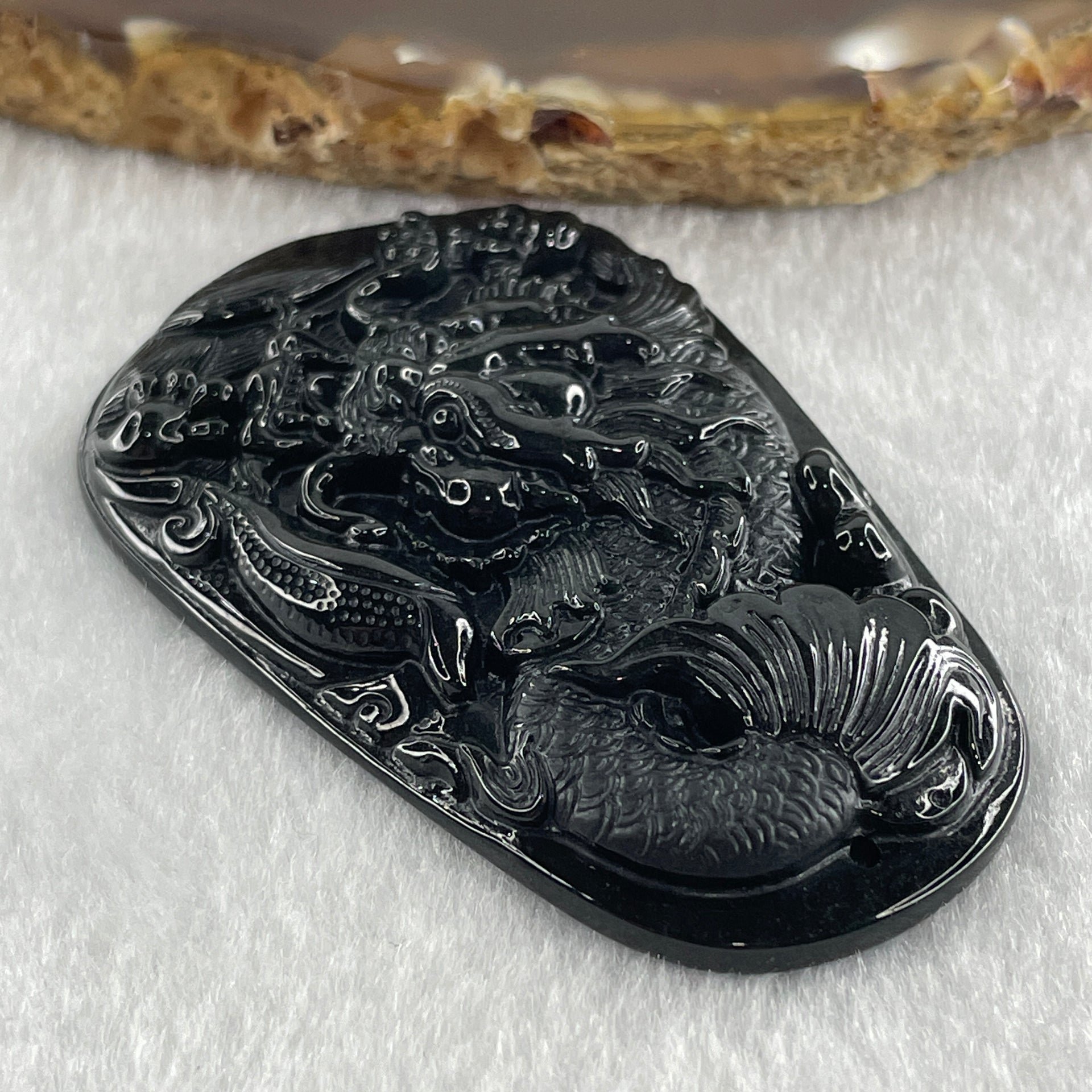 Type A Opaque to Partial Translucent Black Omphacite Jadeite Dragon Carp Pendant 20.39g 57.5 by 36.6 by 7.5mm - Huangs Jadeite and Jewelry Pte Ltd