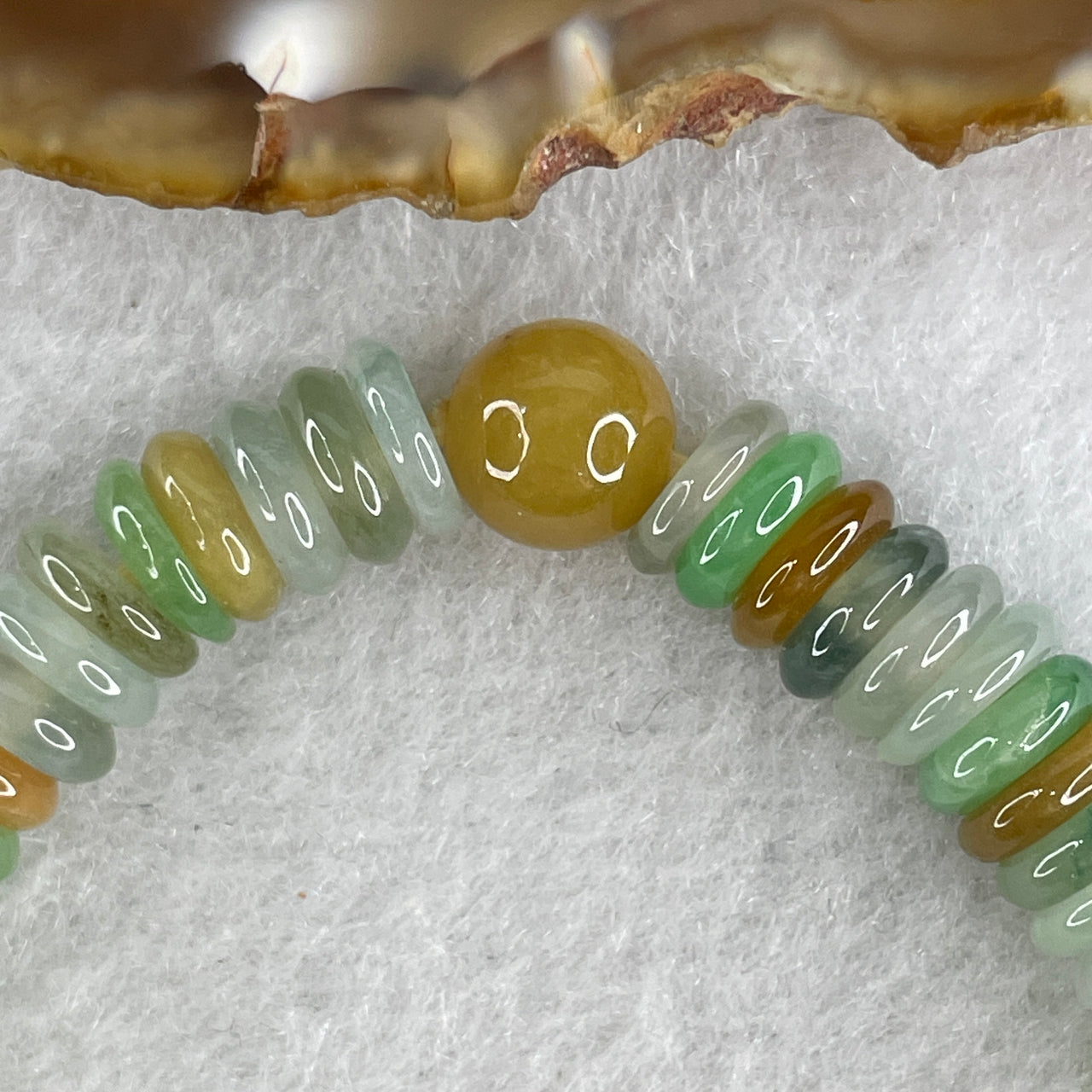 Natural Type A Muti Color Green with Yellow Blueish Green Colorless Jadeite Donut Beads Bracelet 19.89g 16cm 7.1mm 80 Pcs - Huangs Jadeite and Jewelry Pte Ltd