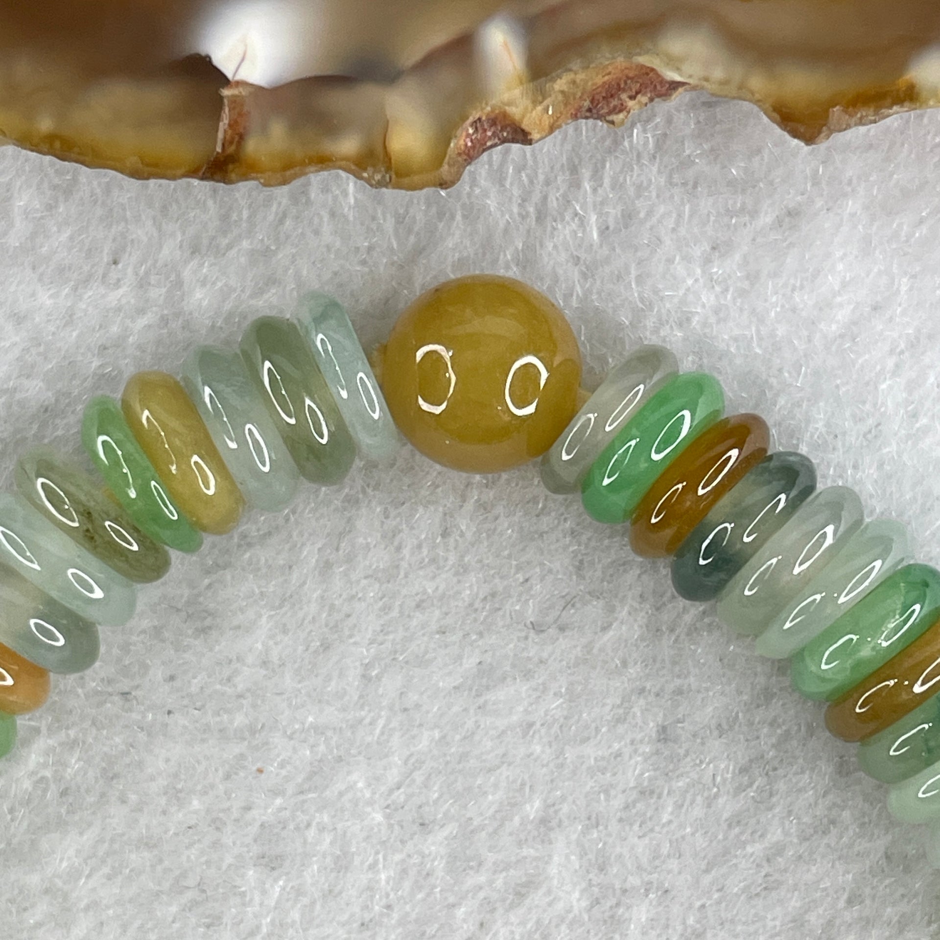 Natural Type A Muti Color Green with Yellow Blueish Green Colorless Jadeite Donut Beads Bracelet 19.89g 16cm 7.1mm 80 Pcs - Huangs Jadeite and Jewelry Pte Ltd