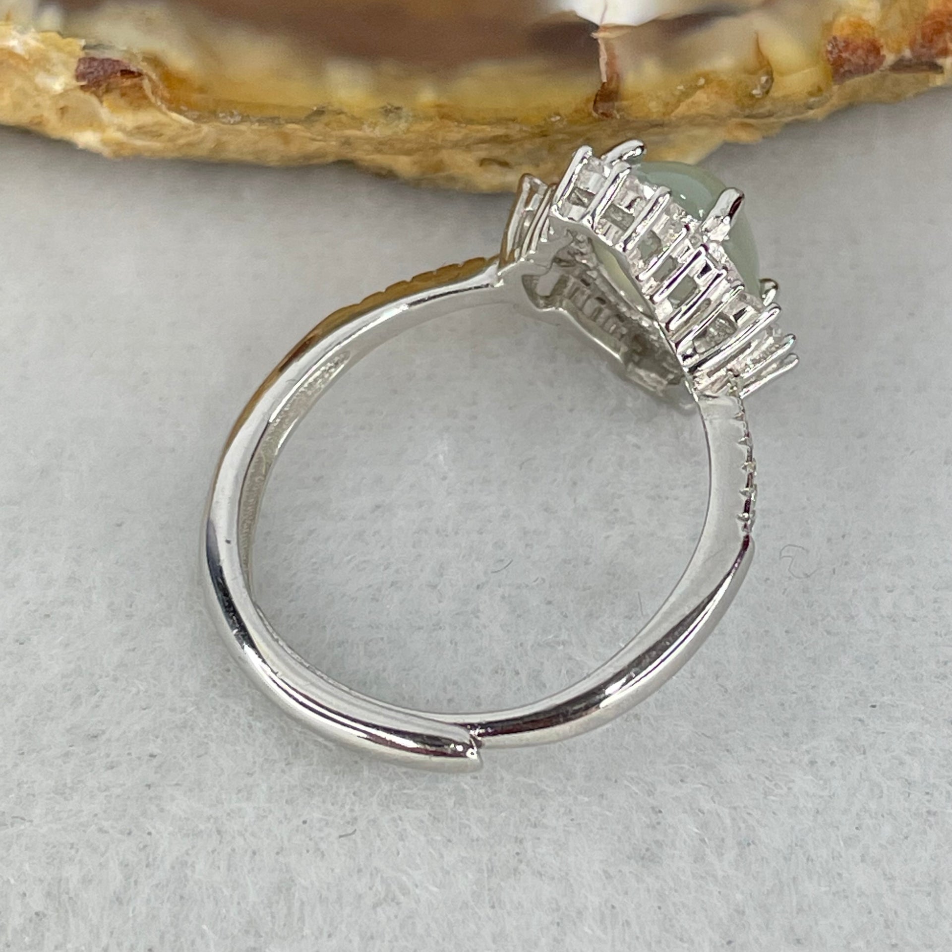 Type A Icy Light Sky Blue Jadeite Cabochon with Crystals in S925 Sliver Ring 2.55g 8.6 by 6.9 by 4.0mm - Huangs Jadeite and Jewelry Pte Ltd