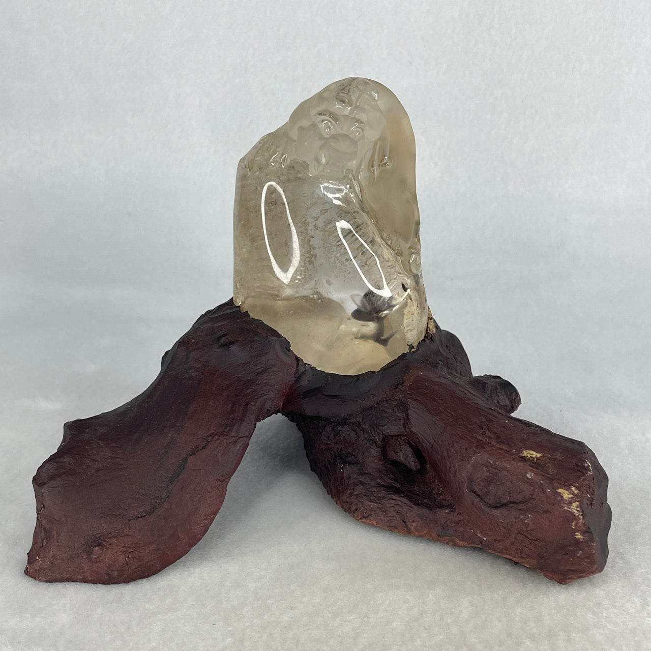 High-Grade Natural Clear White Phantom Quartz Sculpture | Included Custom Clay Base | Masterfully Hand-Carved Pixiu Wealth Guardian | Cosmic "Ghost Crystal" Manifestation Stone (306.8g, 135.0x120.0x110.0mm)