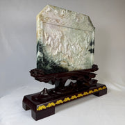 Natural Type A Light Green Light Lavender with Dark Green Patches Jadeite 8 Prosperity Horses with Wooden Stand Display 9,352.7g 275.0 by 100.0 by 360.0mm - Huangs Jadeite and Jewelry Pte Ltd