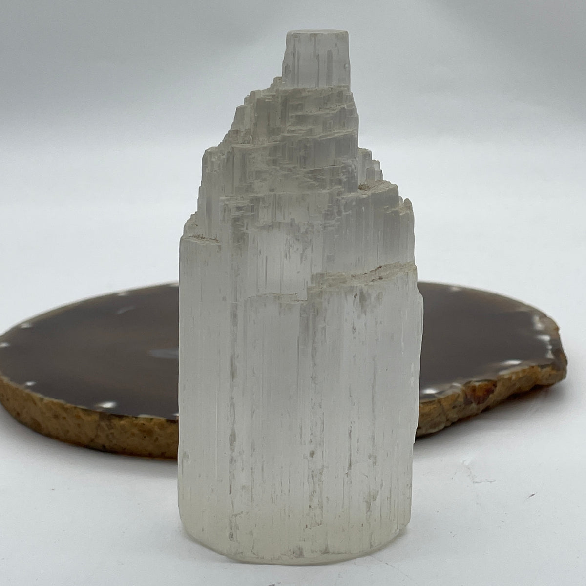 Natural Selenite Tower Display | (384.56g | 49.5 x 44.5 x 99.8mm | Master Cleanser, "Liquid Light" High-Vibration Energy Generator, Feng Shui Space Purifier & Charging Tower Catalyst)