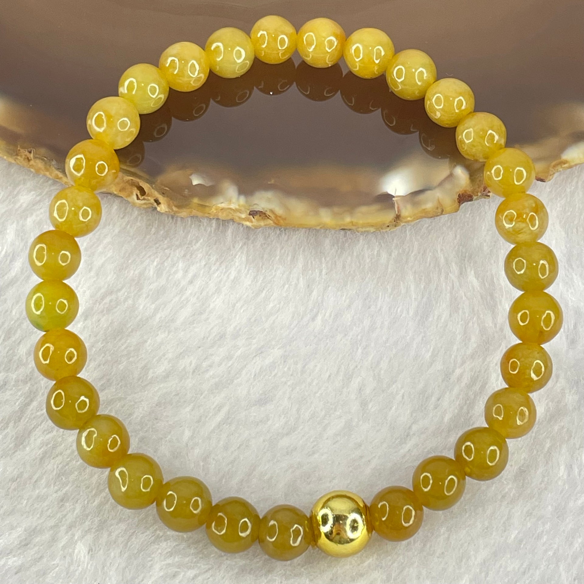 Type A Brownish Yellow Jadeite Beads Bracelet 15.55g 17.5cm 7.0mm 30 Beads (Burned) - Huangs Jadeite and Jewelry Pte Ltd