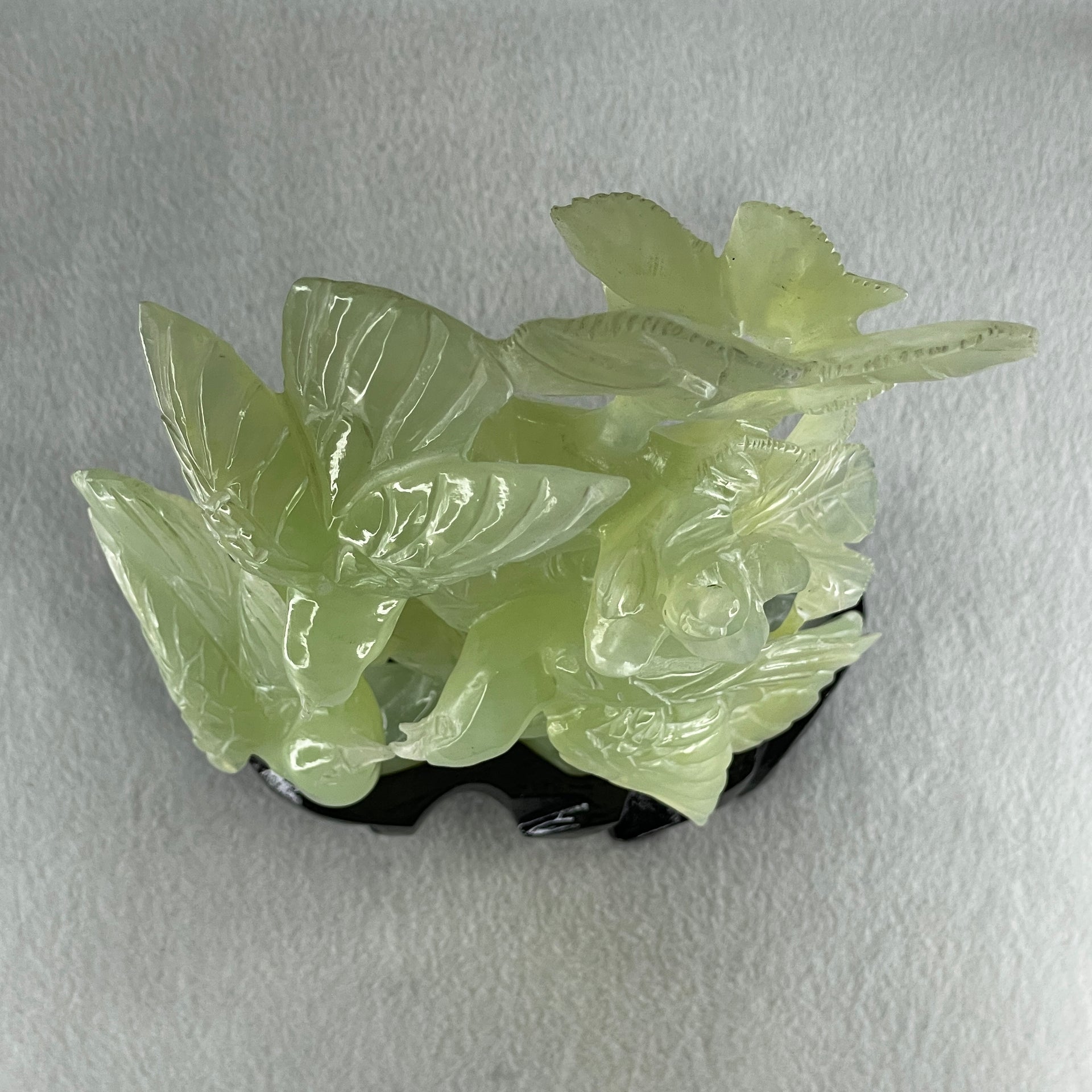 Natural Green Serpentine 3 Magpie Birds on Tree with Wooden Stand Display 939.0g 147.0 by 272.0 by 92.0mm - Huangs Jadeite and Jewelry Pte Ltd