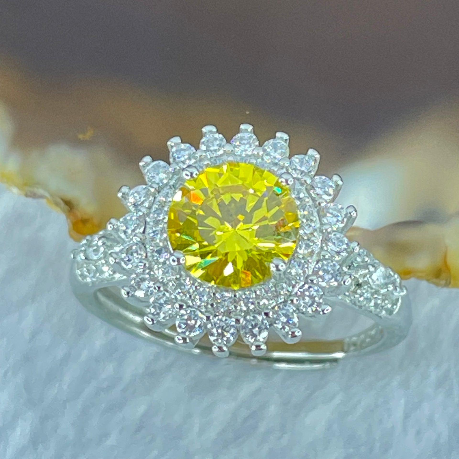 Yellow Cubic Zirconia with Crystals in PT950 Plated Sliver Ring 2.75g 7.5 by 3.5mm - Huangs Jadeite and Jewelry Pte Ltd