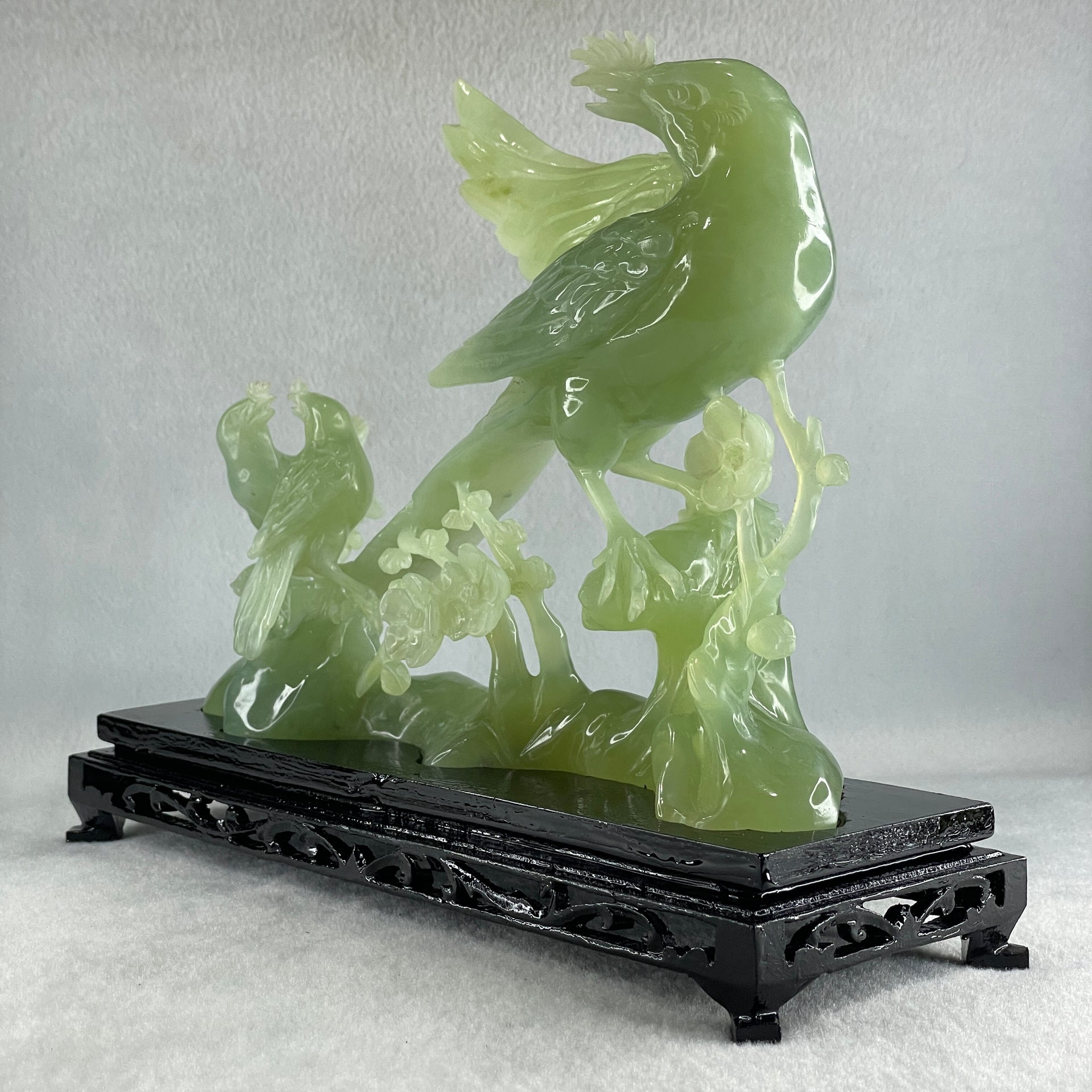 Natural Green Serpentine Phoenix with Twin Birds on Tree with Wooden Stand Display 1,158.3g L257.0 by B98.0 by H203.0mm - Huangs Jadeite and Jewelry Pte Ltd