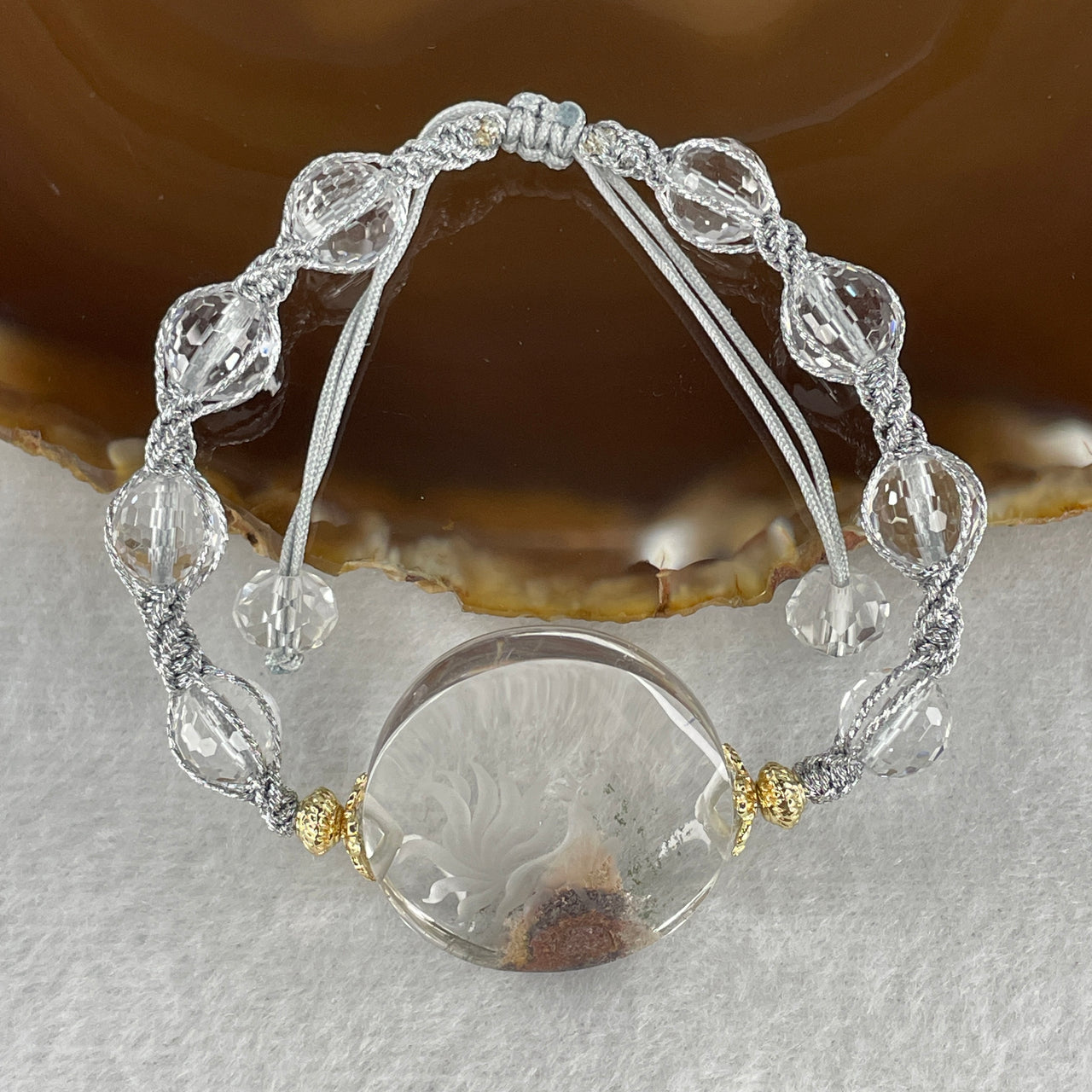 Natural 4 Season Phantom Quartz Round Shape with 9 Tail Fox with Man Made Beads String Bracelet 18.95g 14-18cm 26.9 by 9.2mm 1 Bead - 7.9mm 8 Beads